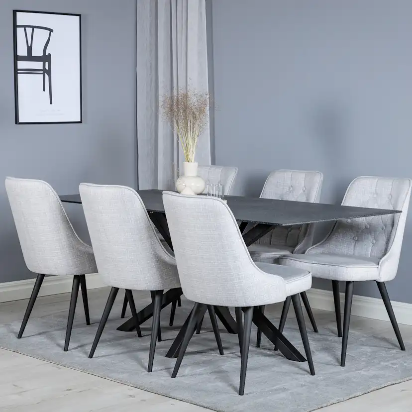 Piazza Dining Table 180x90 cm+Velvet Deluxe Dining Chair Grå/Svart/Ljusgrå