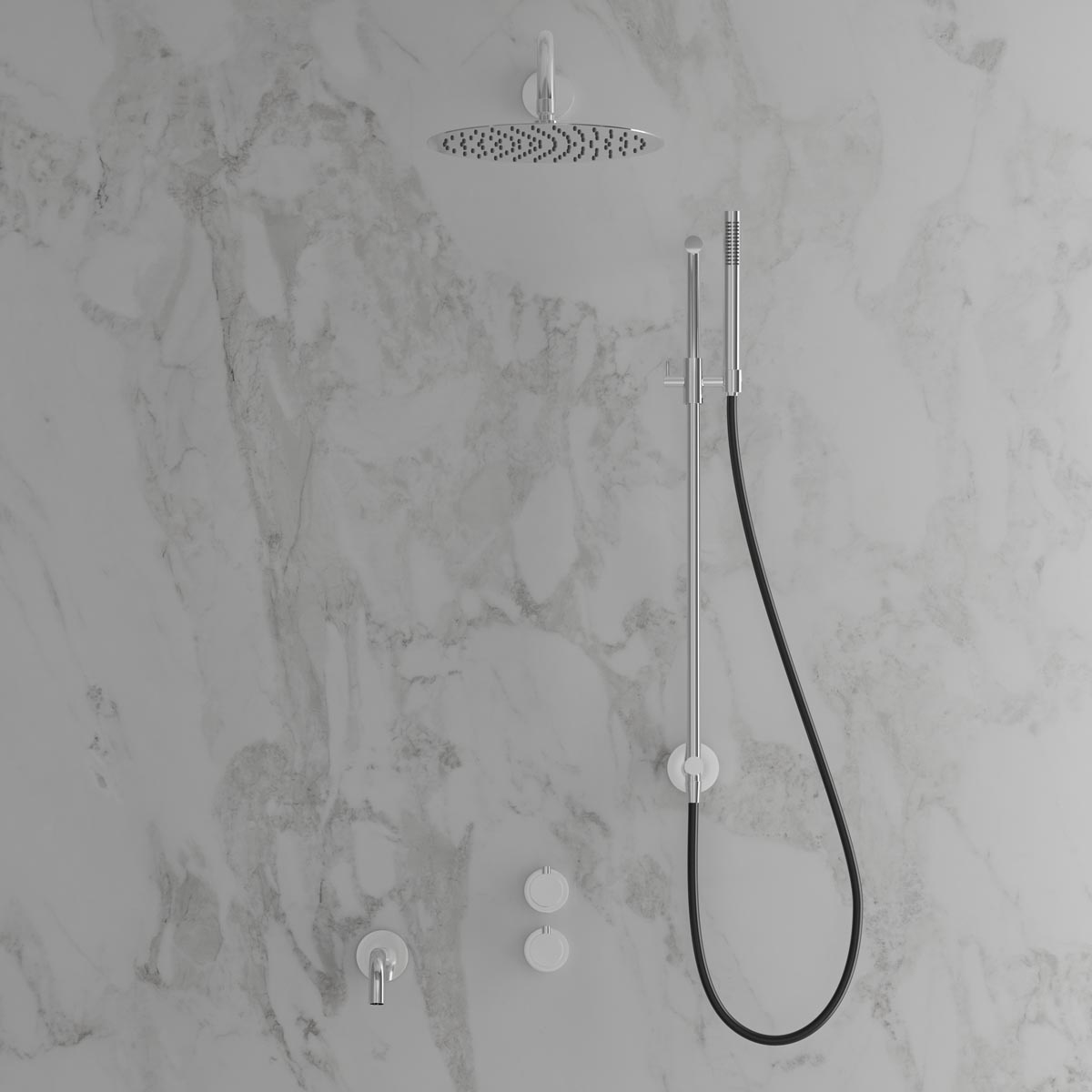 Takduschset Scandtap Steel Harmonized 6X med Badkarsblandare för Inbyggnad