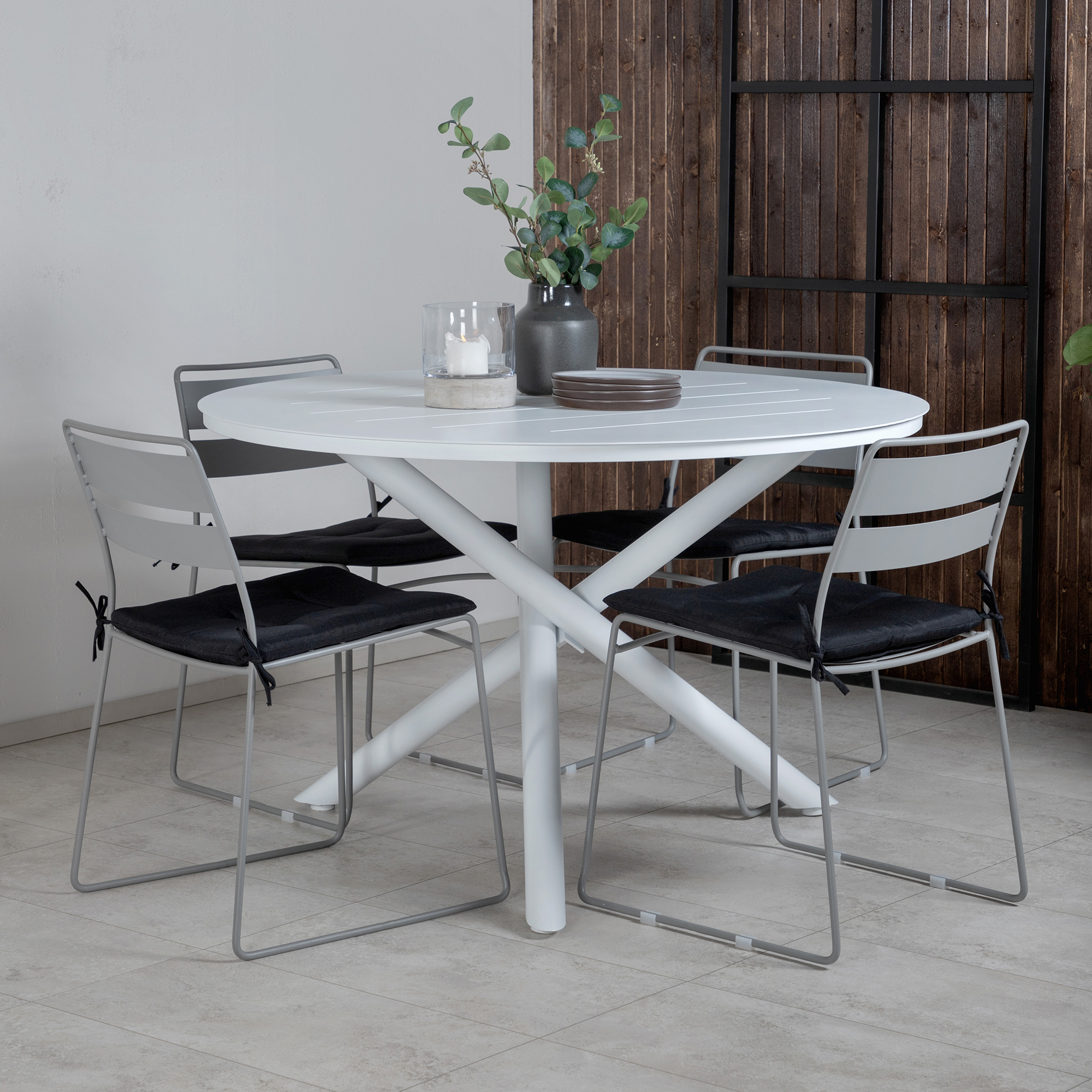 Alma Dining Table - White Alu - ø120cm+Lina Dining Chair - G Grå