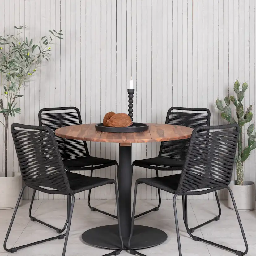 Cot Dining Table - Black steel / Acacia (teaklook) - ø100cm+ Svart
