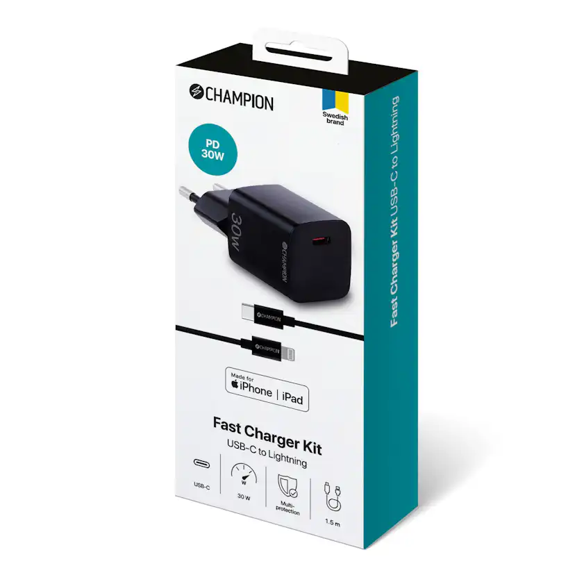 Laddare Champion 30W + USB-C till Lightning Kabel Svart