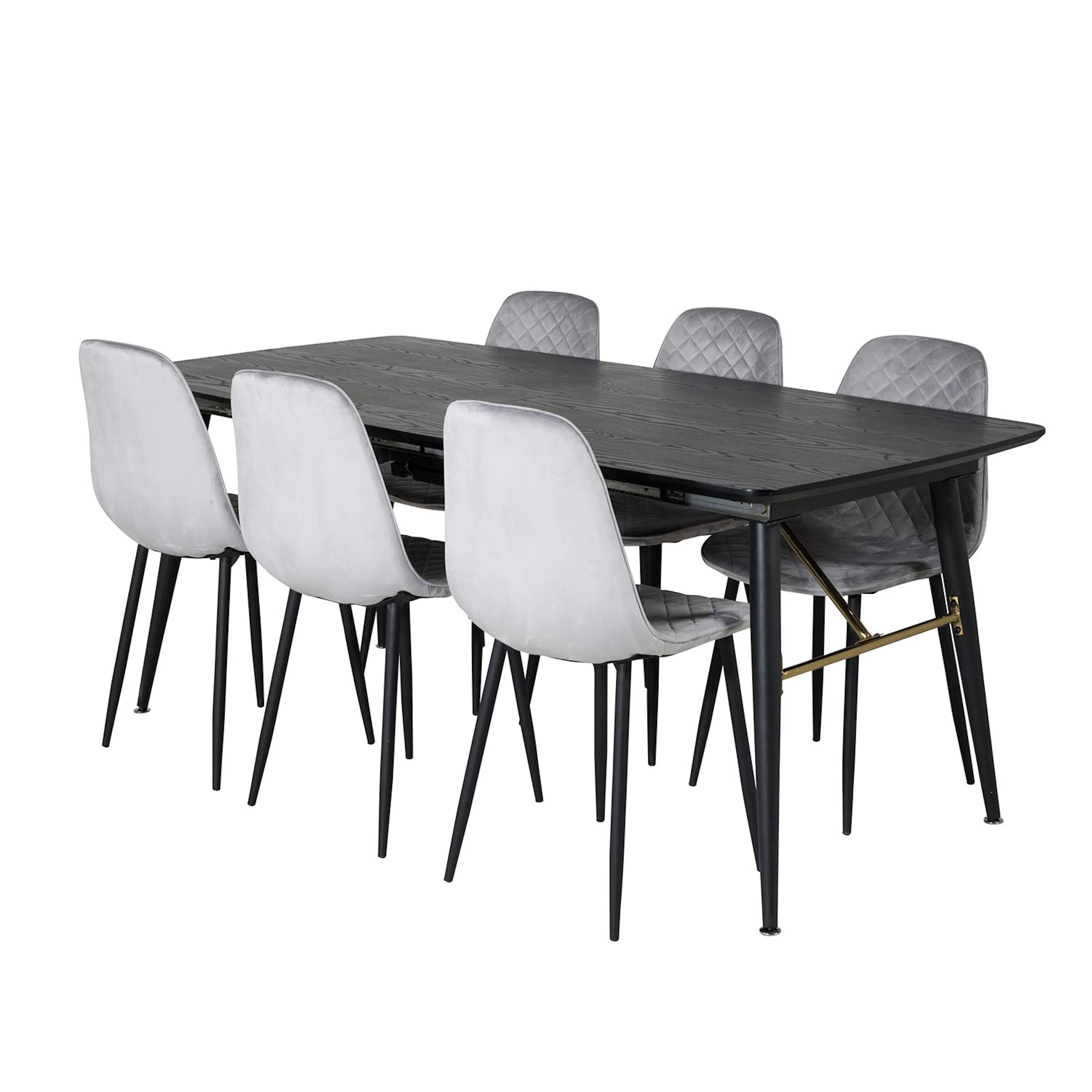Gold Extention table-Black Veneer+Polar Chair-Grey Velvet_6 Svart/Grå, Sammet