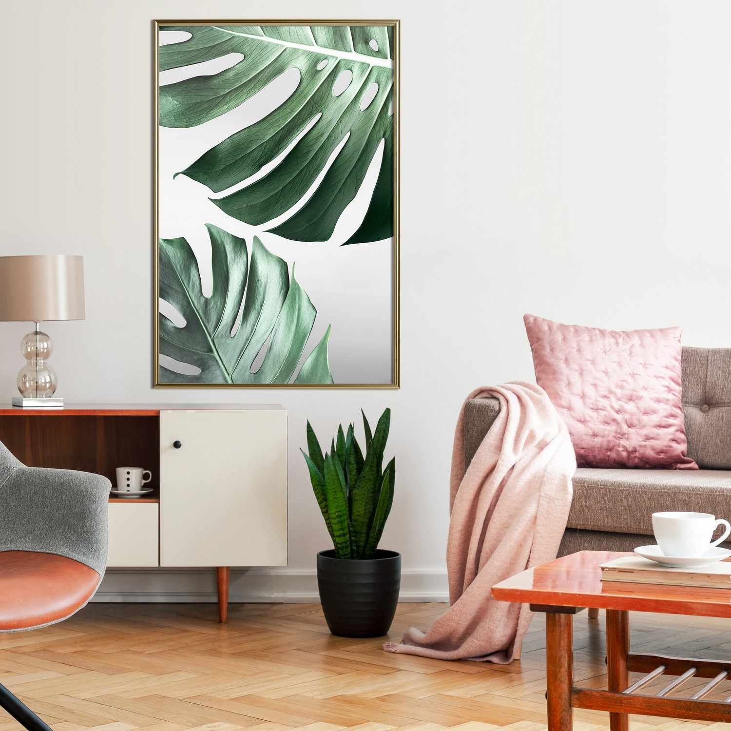Affisch - Monstera Leaves [Poster] 40x60 Guld ram, 40x60 cm