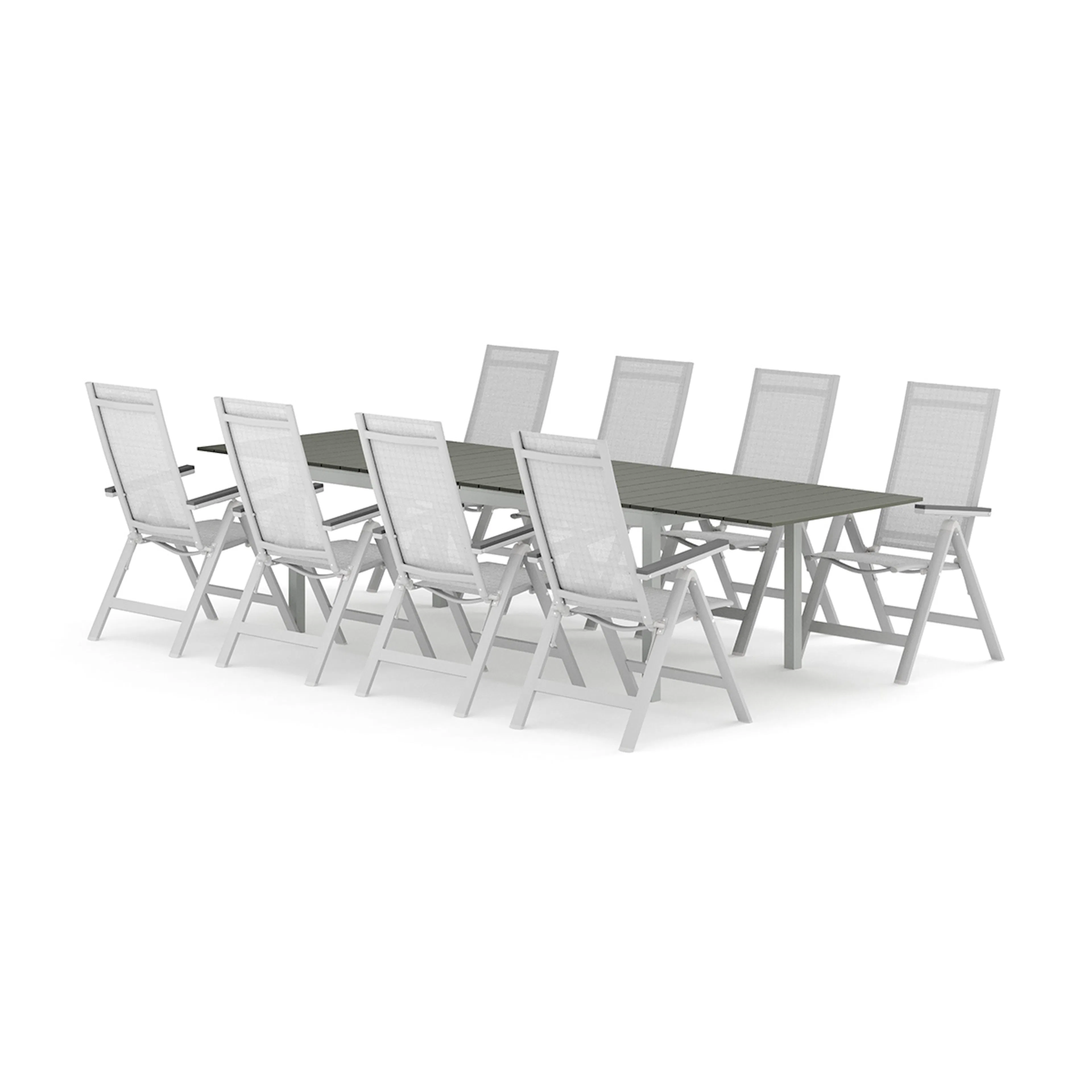 Trädgårdsgrupp Comfort Garden Tunis utomhus matgrupp förlängningsbart 205/305x90 cm med 8 Monaco Light positionsstolar