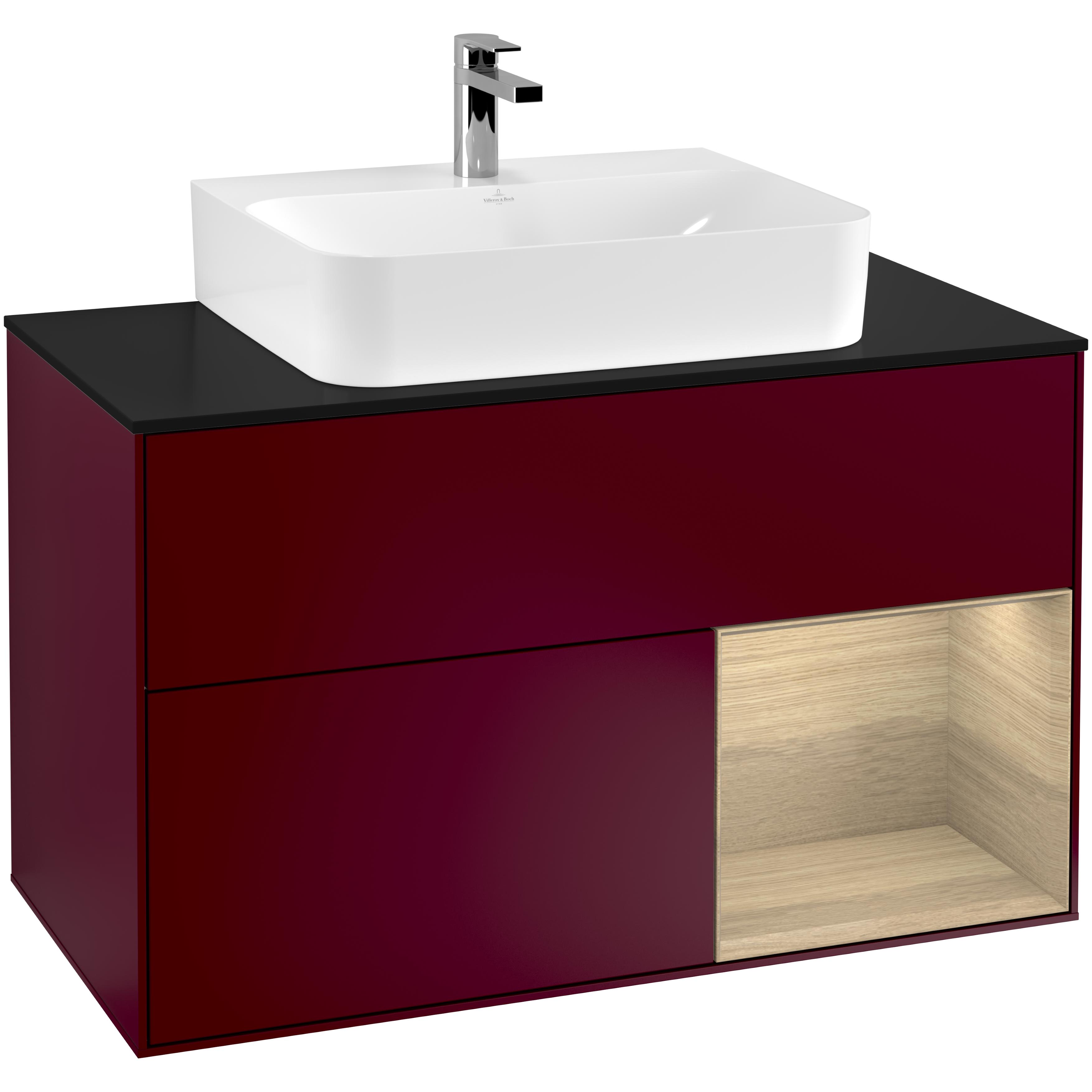 Tvättställsskåp Villeroy & Boch Finion F122PCHB Pion Mattlack/Ekfanér med bänkskiva i Mattsvart glas, Lucka Höger