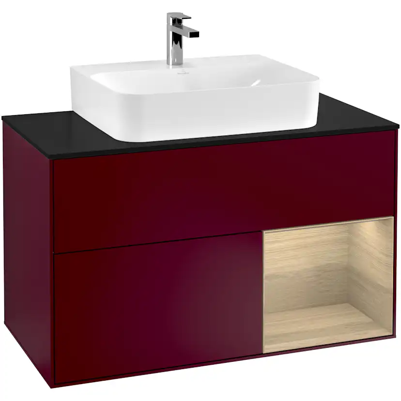 Tvättställsskåp Villeroy & Boch Finion F122PCHB Pion Mattlack/Ekfanér med bänkskiva i Mattsvart glas, Lucka Höger
