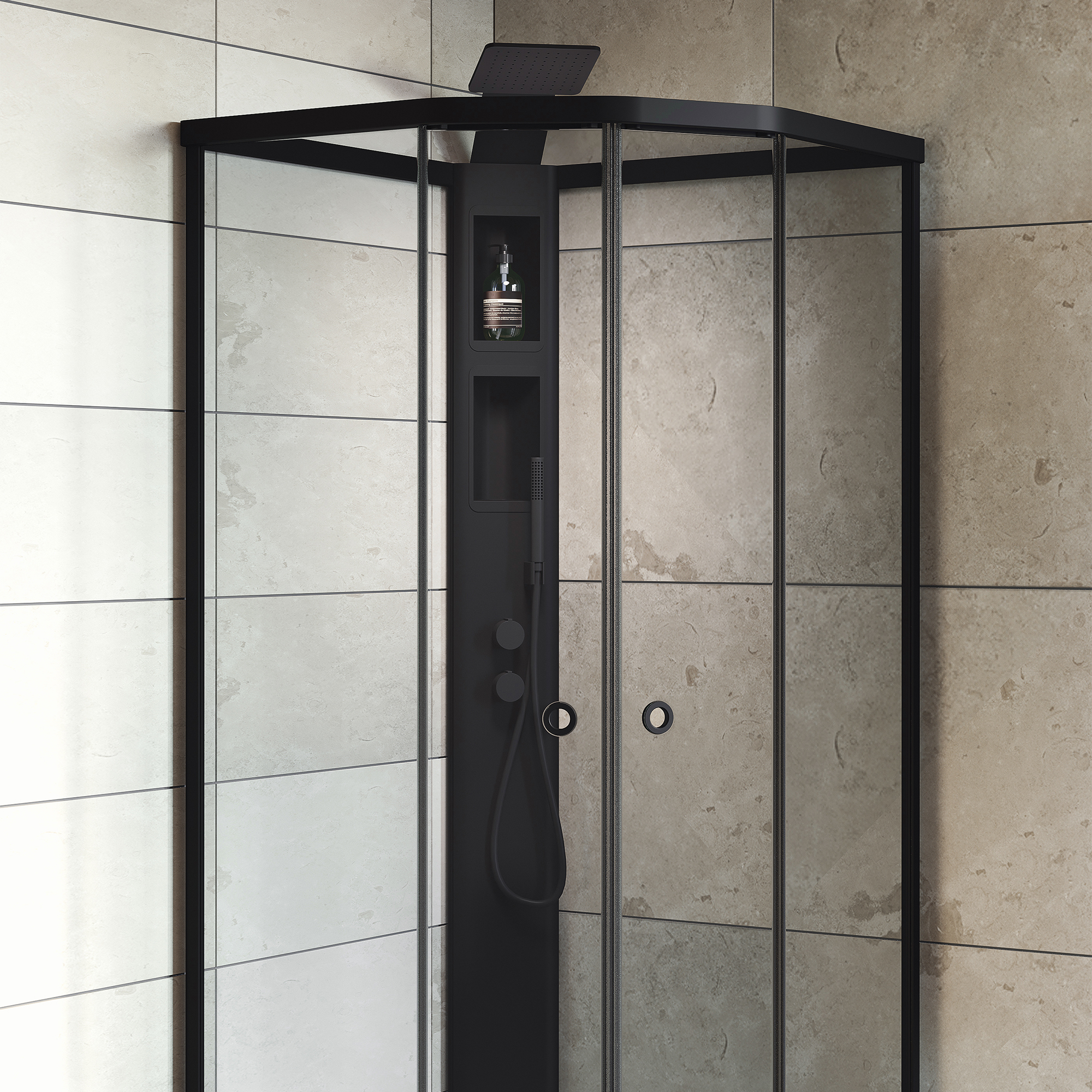 Flow kabin Semi Infälld Bland 91x81 Svart Klar/Vit bakvägg 910x810 mm, Svart Profil, Klarglas/Vit bakvägg