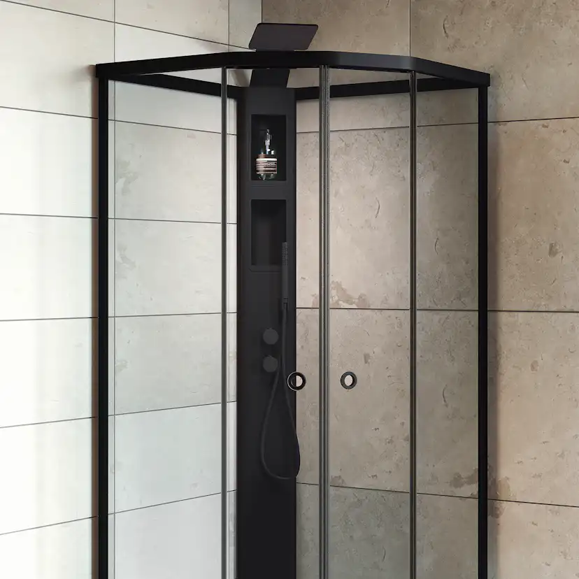 Flow kabin Semi Infälld Bland 91x81 Svart Klar/Vit bakvägg 910x810 mm, Svart Profil, Klarglas/Vit bakvägg