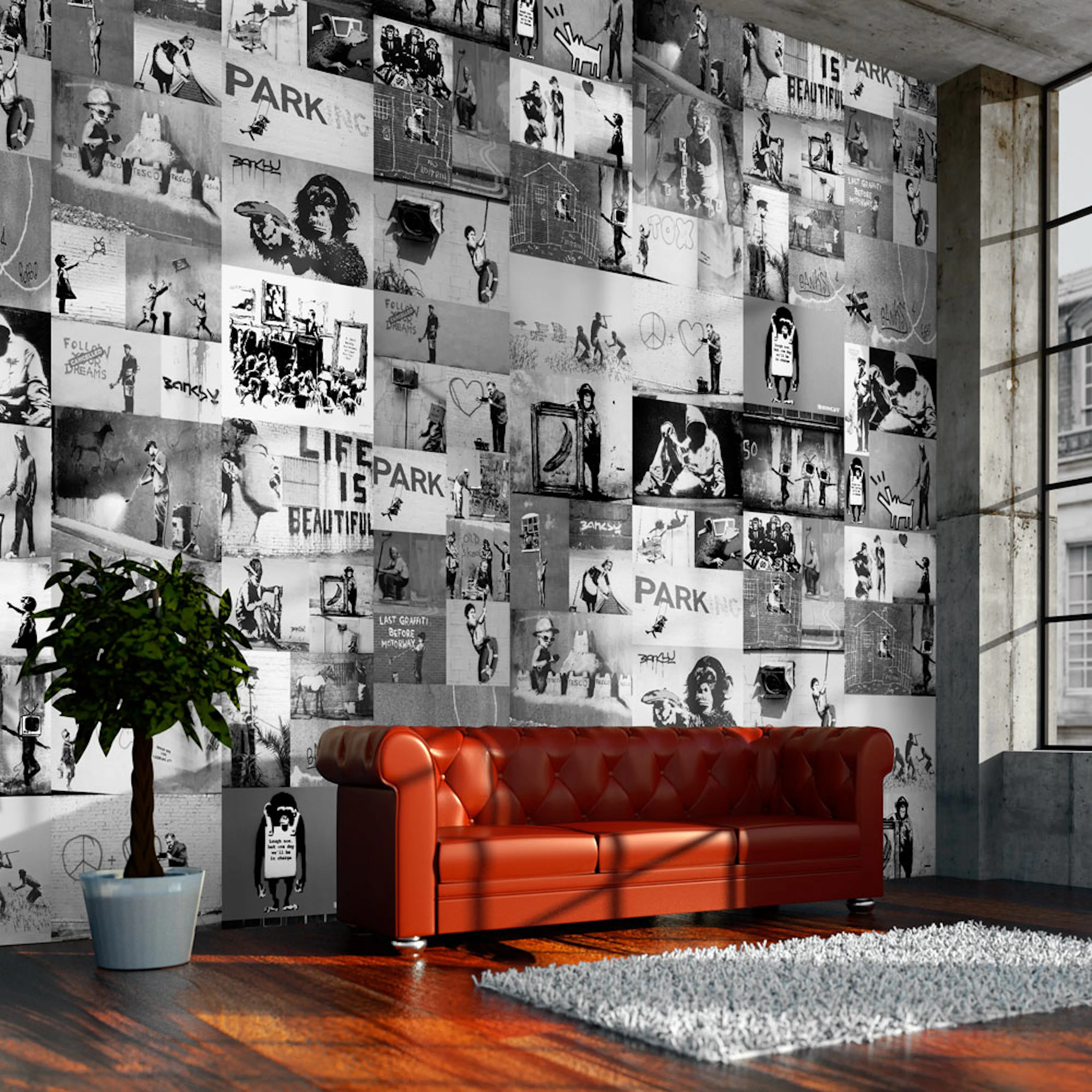 Fototapet Arkiio Banksy grey collage 50x1000 cm