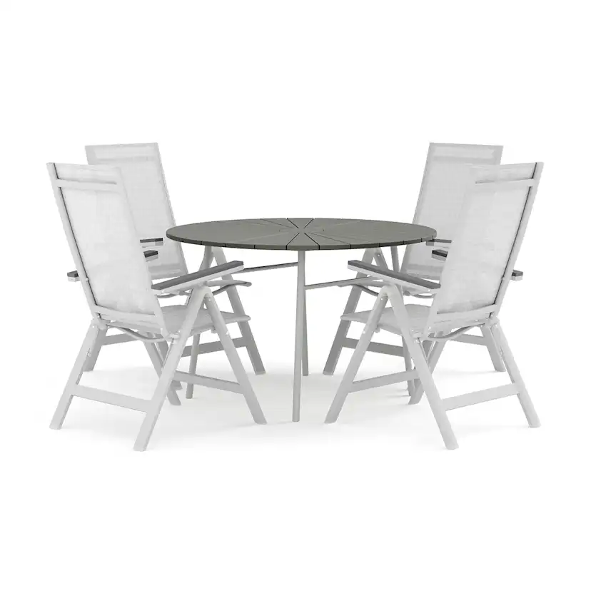 Trädgårdsgrupp Comfort Garden Tunis utomhus rund matgrupp 120 cm med 4 Monaco Light positionsstolar