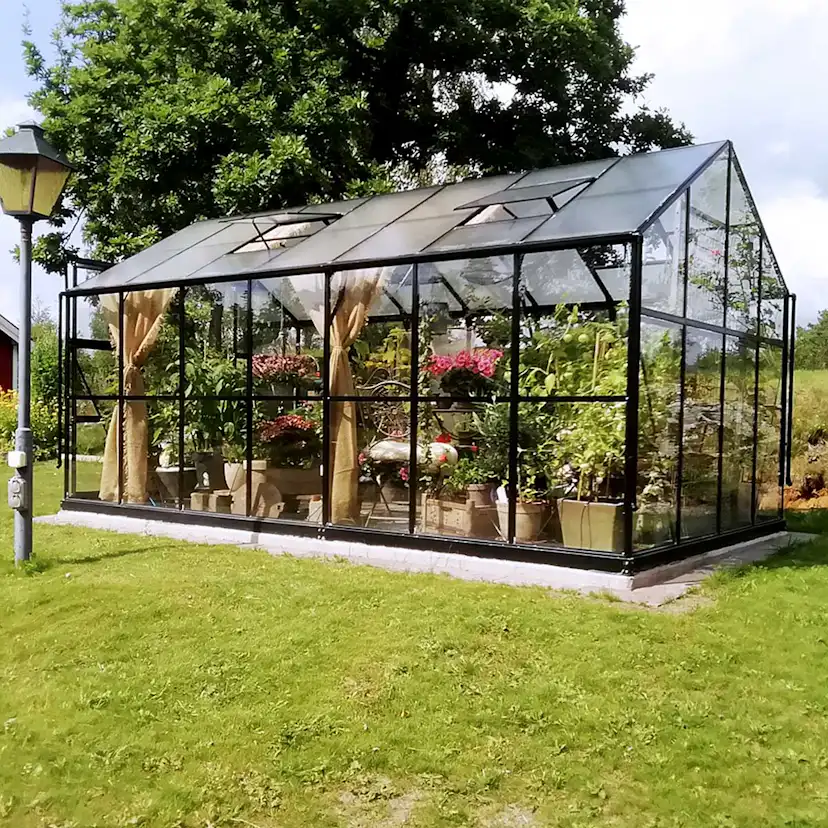 Växthus 11,13m2, glas, pc-tak(433X257X228CM),Svart Svart