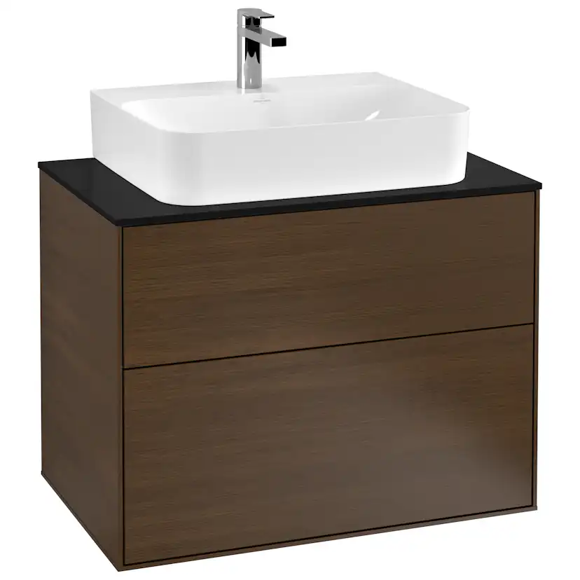 Tvättställsskåp Villeroy & Boch Finion F09200GN Valnötsfanér, B: 800 mm med bänkskiva i Mattsvart glas