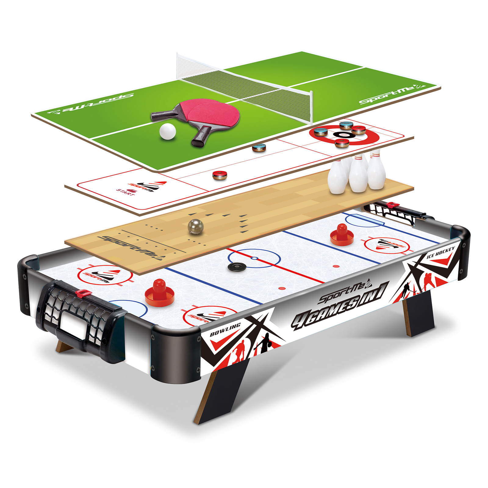 Bordsspel SportMe 4-i-1 Airhockey, Bordtennis, Curling & Bowling