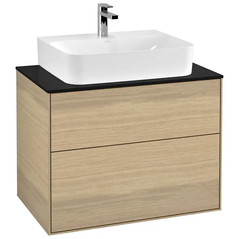 Tvättställsskåp Villeroy & Boch Finion F09200PC Ekfanér, B: 800 mm med bänkskiva i Mattsvart glas