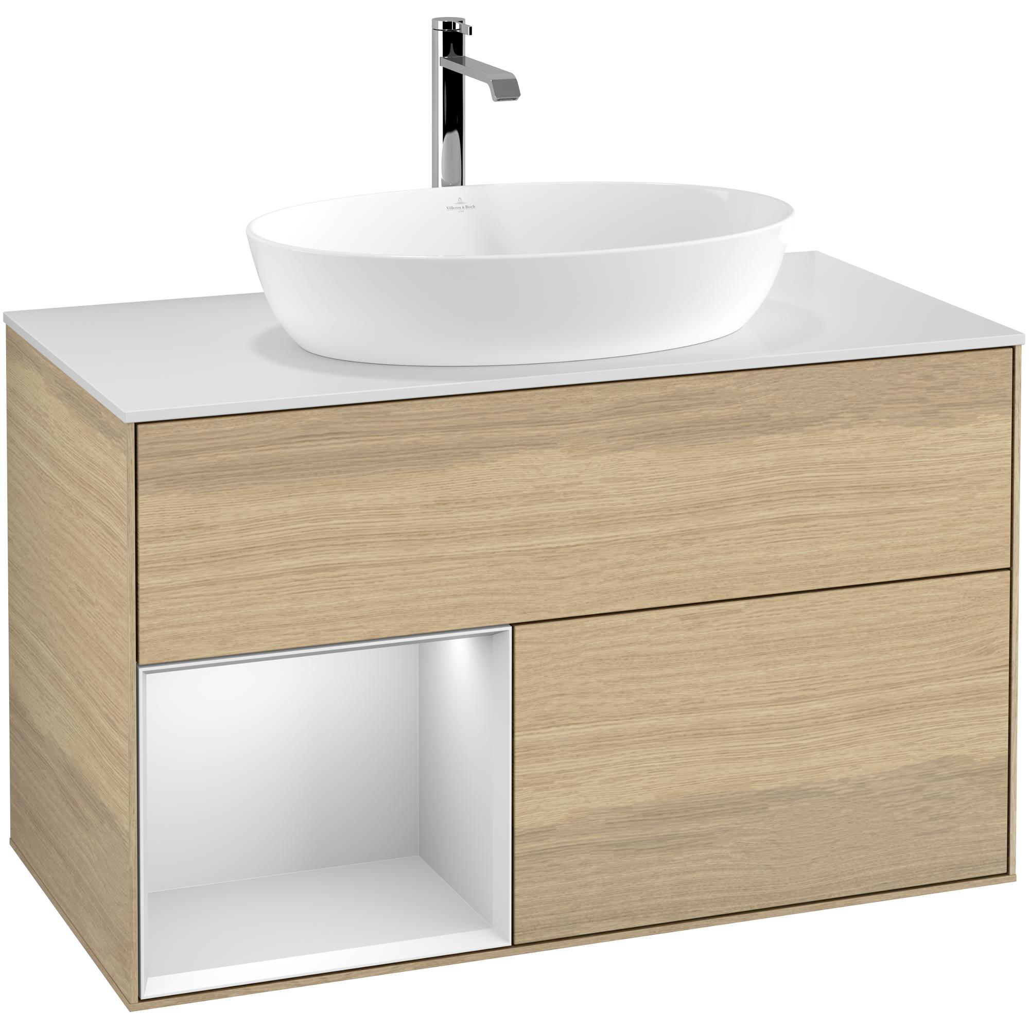 Tvättställsskåp Villeroy & Boch Finion GA11MTPC Ekfanér/Vit Mattlack med bänkskiva i Mattvitt glas med Väggbelysning, Lucka Vänster Utan Blandarhål