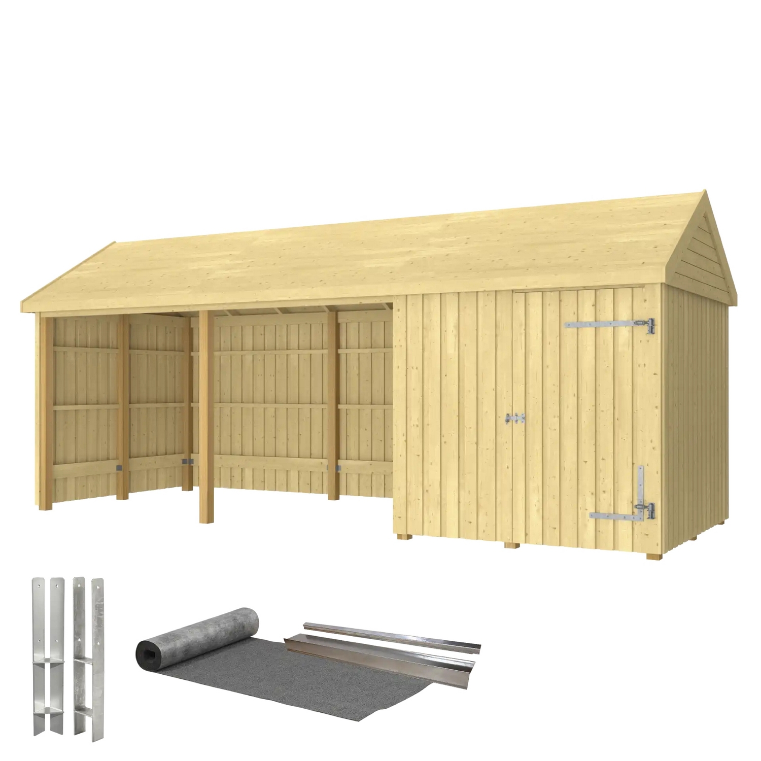Classic Multi Trädgårdshus 14,5 m² - 3 moduler med enkeldörr Med takpapp, aluminiumslister och H-stolpfötter