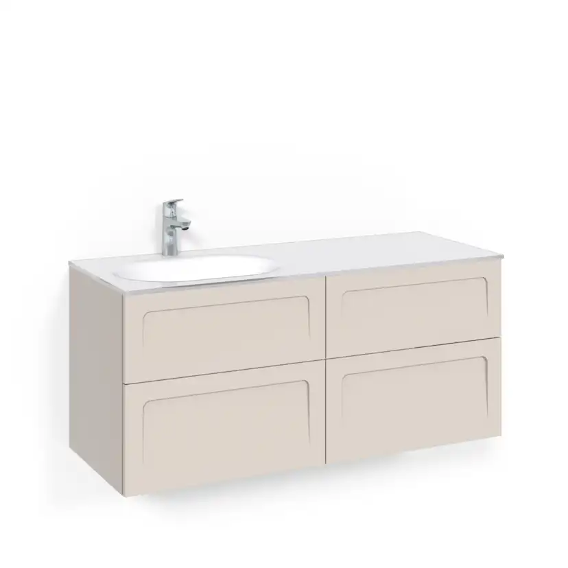 Crown Kommod 120x45D Beige Shape Vitt Glashandfat Vänster Ho Bredd: 1200 mm, Beige, Glastvättställ Vit, Vänster