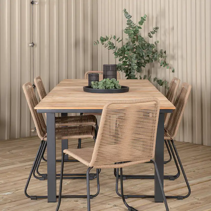 MexicoTable160/240*90-LindosStackingChair-Alu/LatteRope_6 Beige