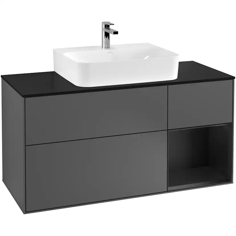 Tvättställsskåp Villeroy & Boch Finion G172PDGK Antracitgrå Mattlack/Svart Mattlack med bänkskiva i Mattsvart glas med Väggbelysning, Lucka Höger