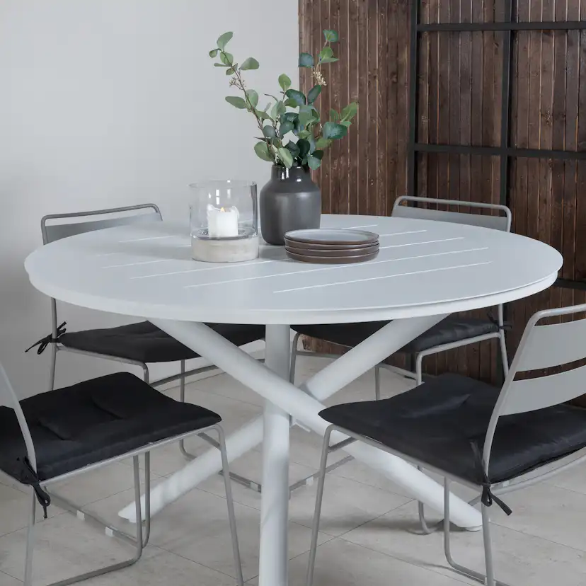 Alma Dining Table - White Alu - ø120cm+Lina Dining Chair - G Grå