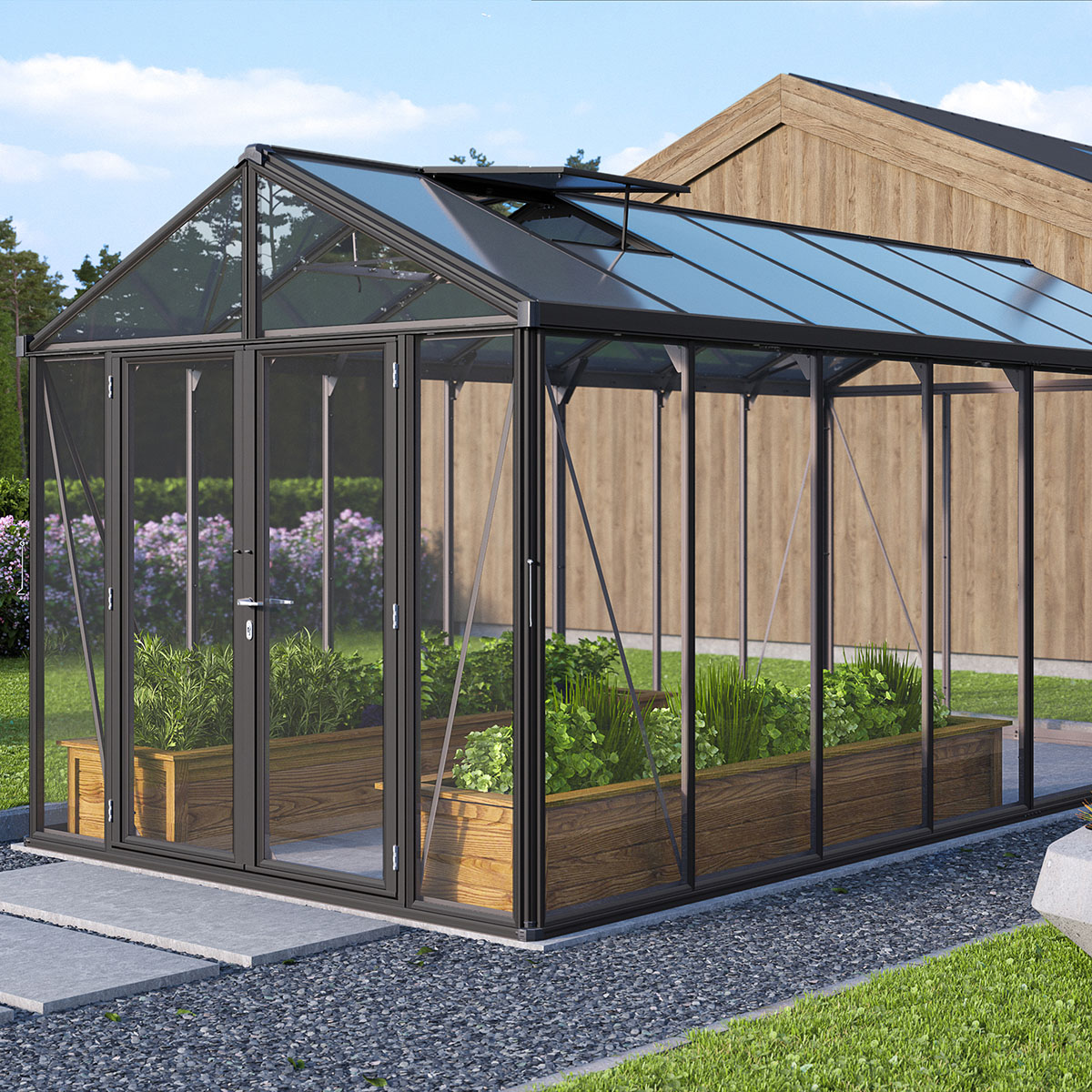 Växthus Vitavia Poseidon Aluminiumstomme med UV-Skyddat Polykarbonat & Härdat Glas, 13,8 m²