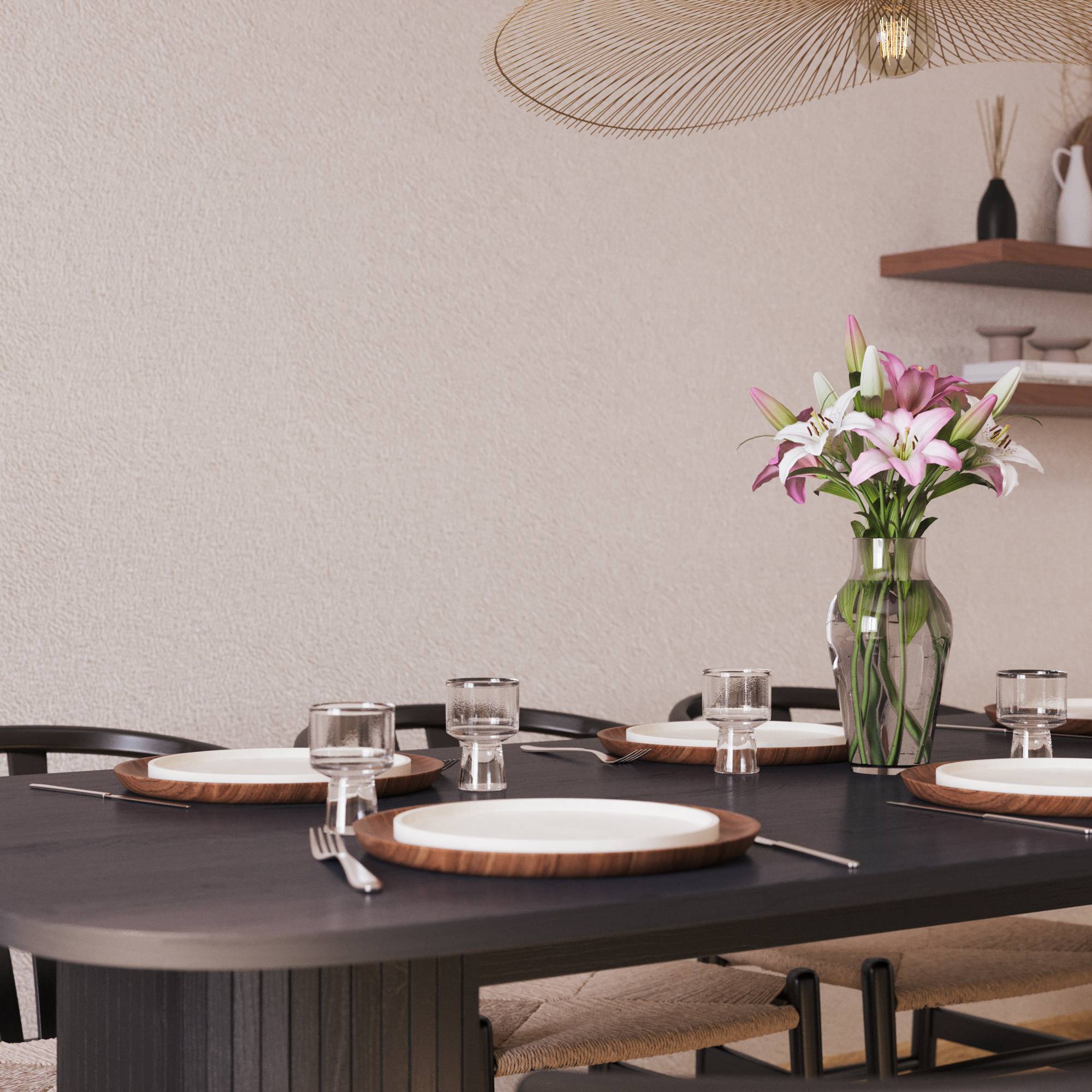 Matgrupp Bark Kopparbo Rektangulärt Matbord 200x90 cm med 6 Dastoori Matstol Svart