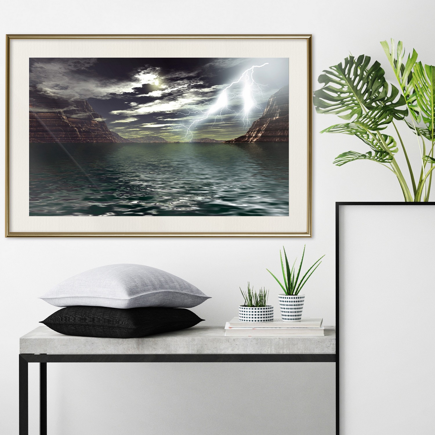 Affisch - Storm on the Lake [Poster] 60x40 Guld ram med passepartout, 60x40 cm