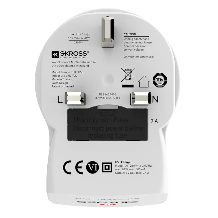 Reseadapter Skross Europa till UK med Dubbla USB-A 12W Jordad