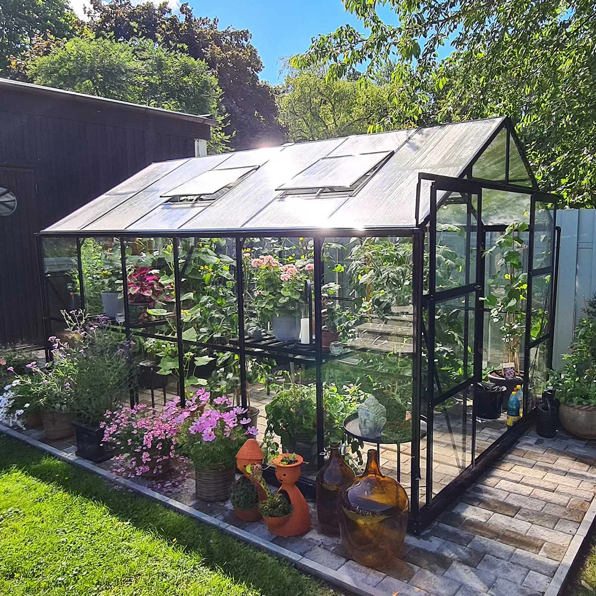 Växthus 9,56 m2, glas, pc-tak(372X257X228CM),Svart Svart
