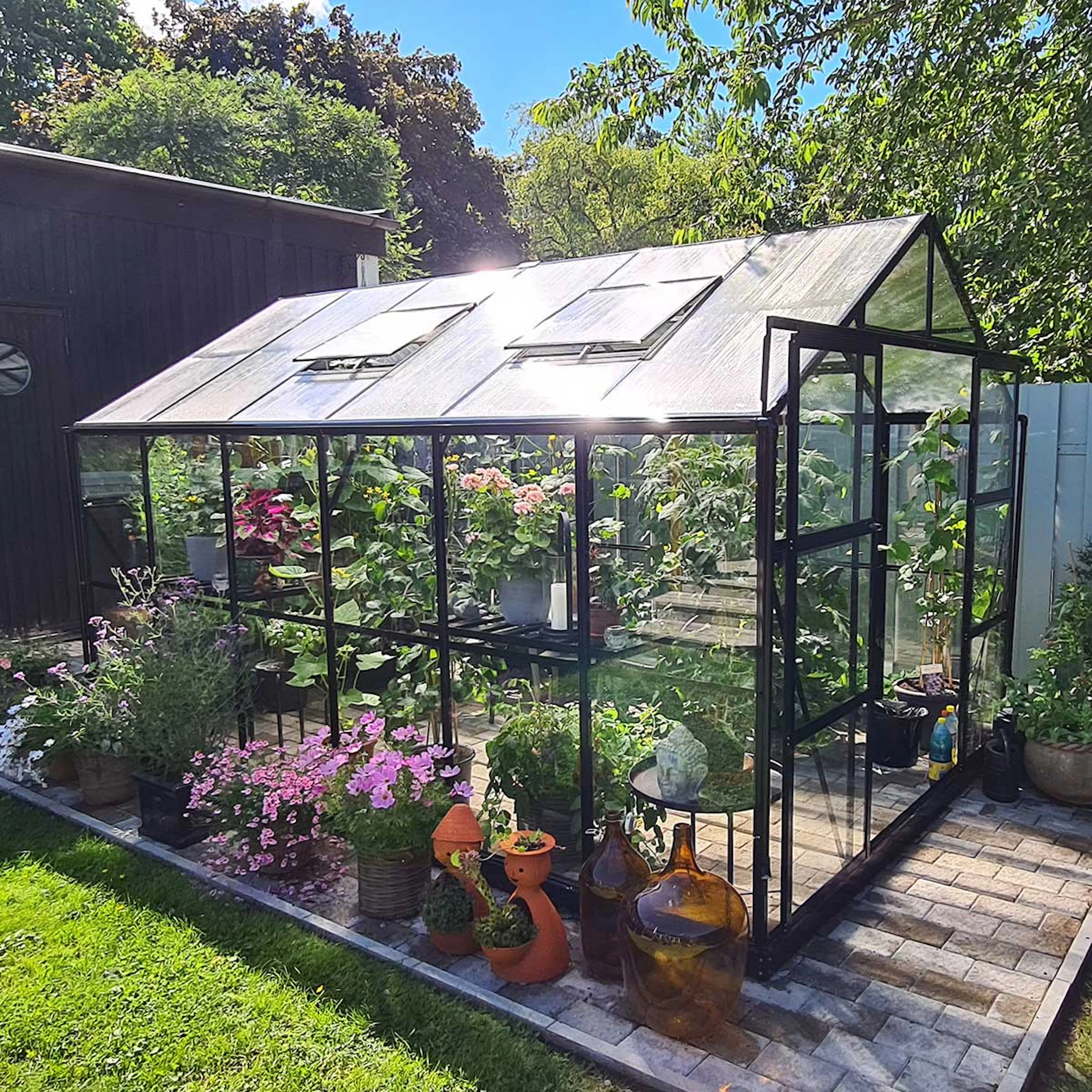 Växthus 9,56 m2, glas, pc-tak(372X257X228CM),Svart Svart