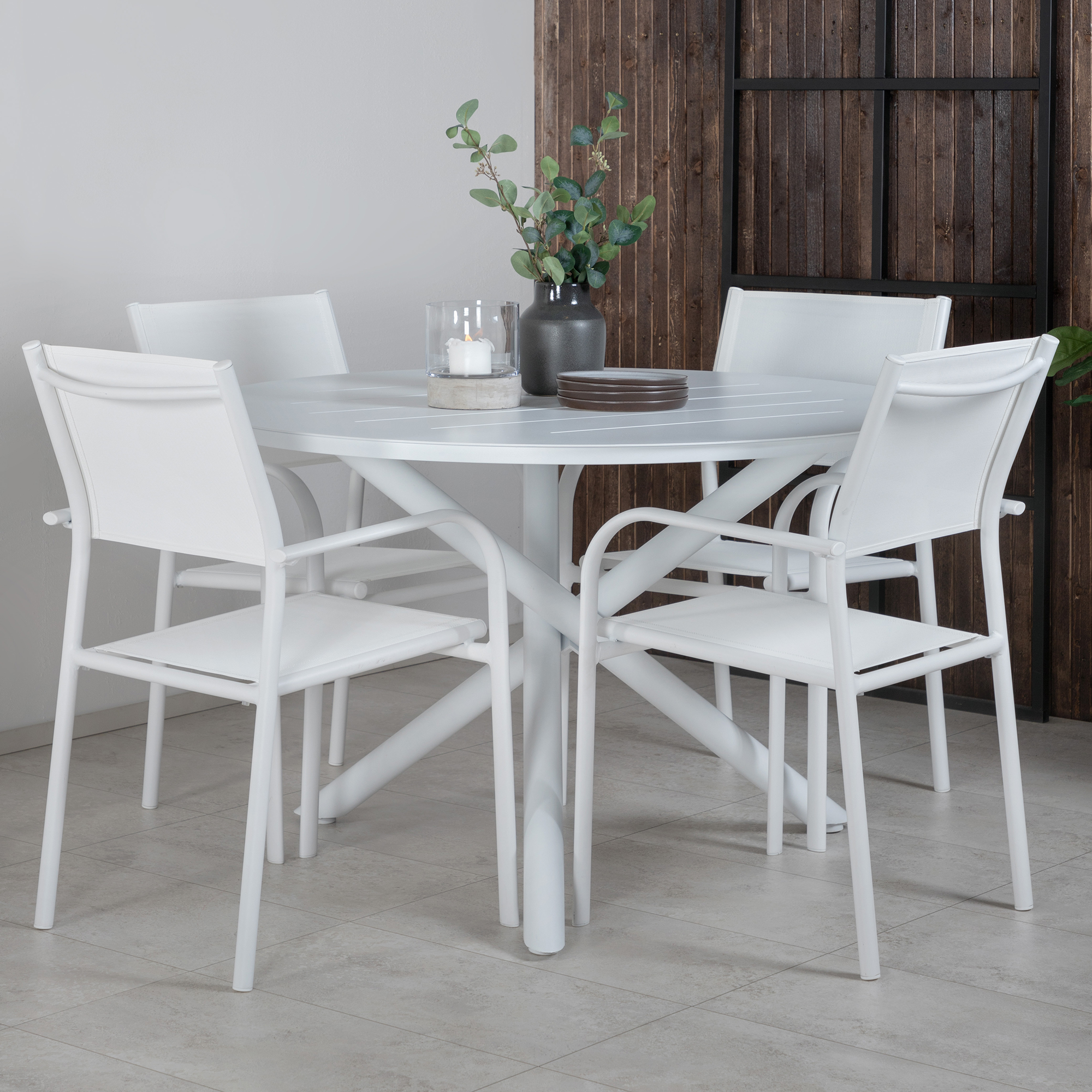 Alma Dining Table - White Alu - ø120cm+Santorini Arm Chair ( Vit