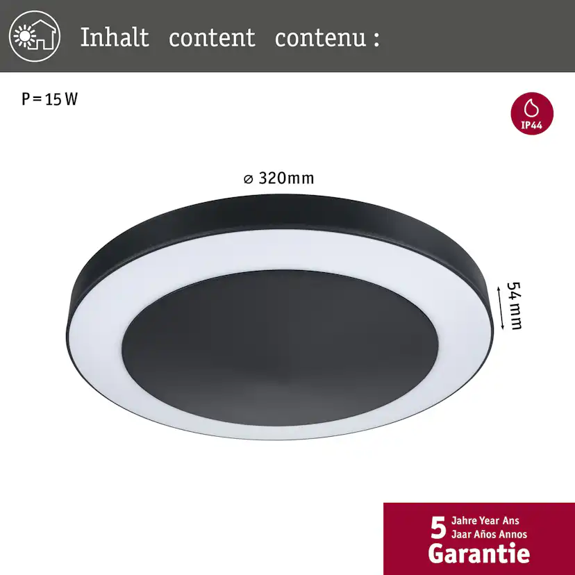 Taklampa LED Paulmann Circula med Skymningsstyrd rörelsedetektor Seawater Resistant IP44 230V Färg: Antracit