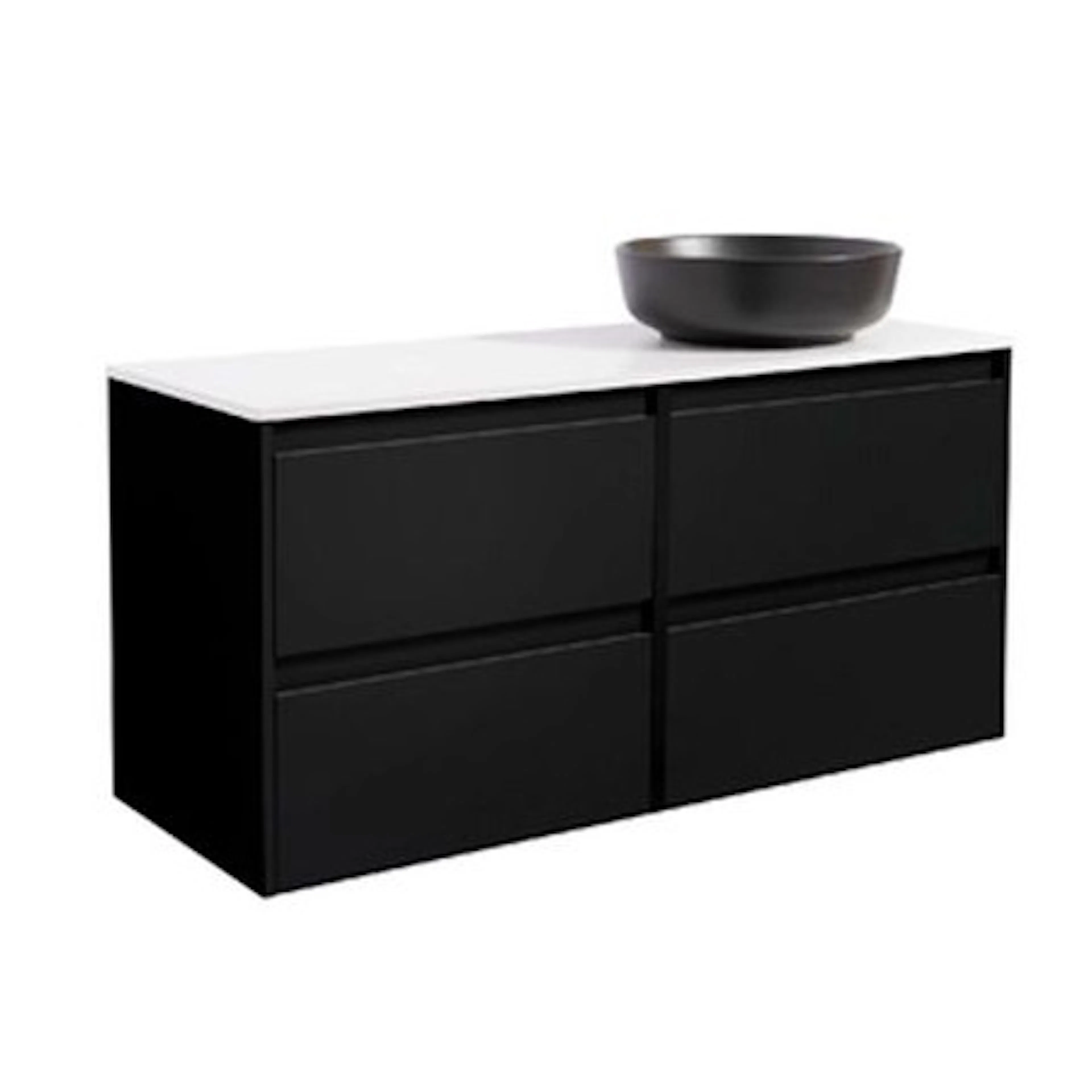 Luxo 120 Sv. Bs Vit+Ts Rund Sv Färg Tvättställsskåpet: Matt Svart, Färg Bänkskiva: Vit, Färg Tvättställ: Svart - B: 1210 mm, H: 737 mm, D: 470 mm