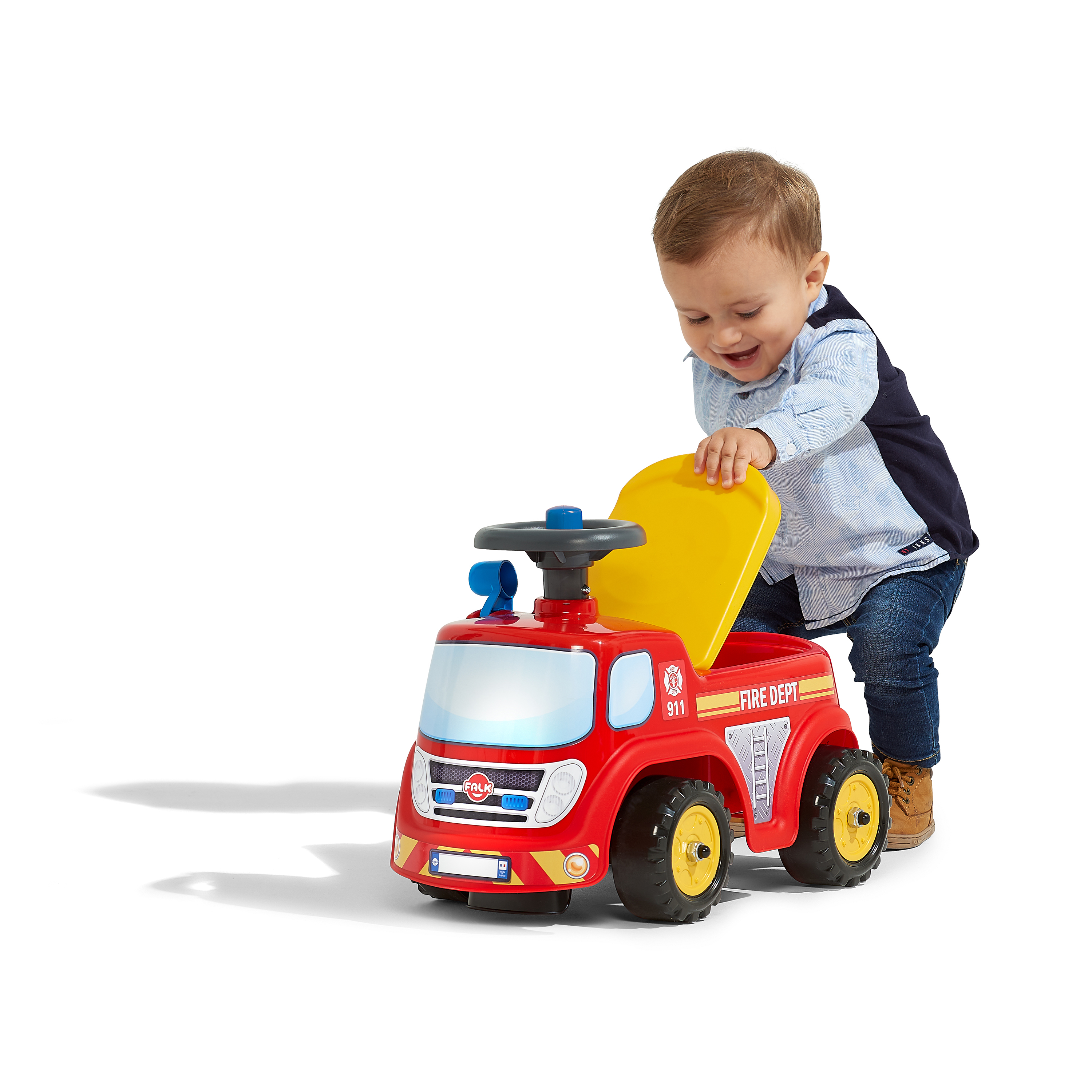 Sparkbil FALK Brandbil ride-on med förvaringsutrymme, ratt och tuta