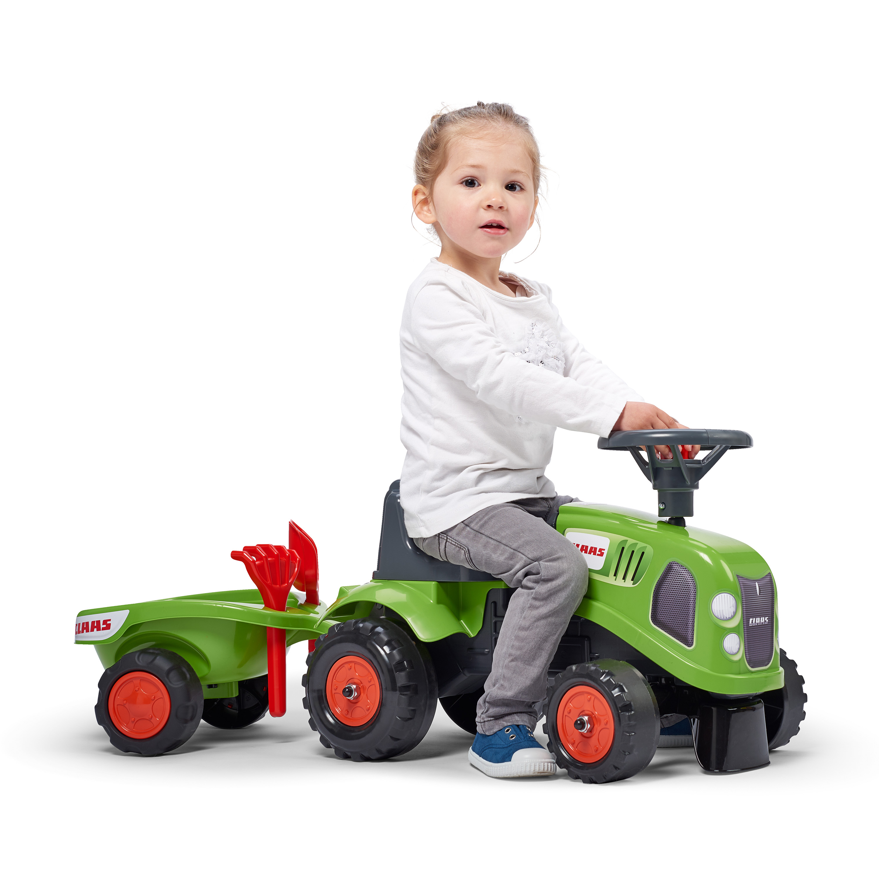Sparkbil FALK Traktor med trailer, kratta och skyffel Baby Claas