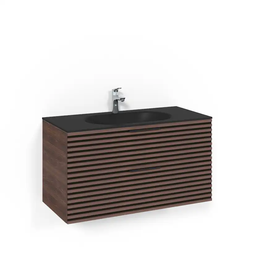 Crown Kommod 100x45 Brun Ask Stripe Mattsvart Glashandfat Bredd: 1000 mm, Brun Ask, Glastvättställ Mattsvart