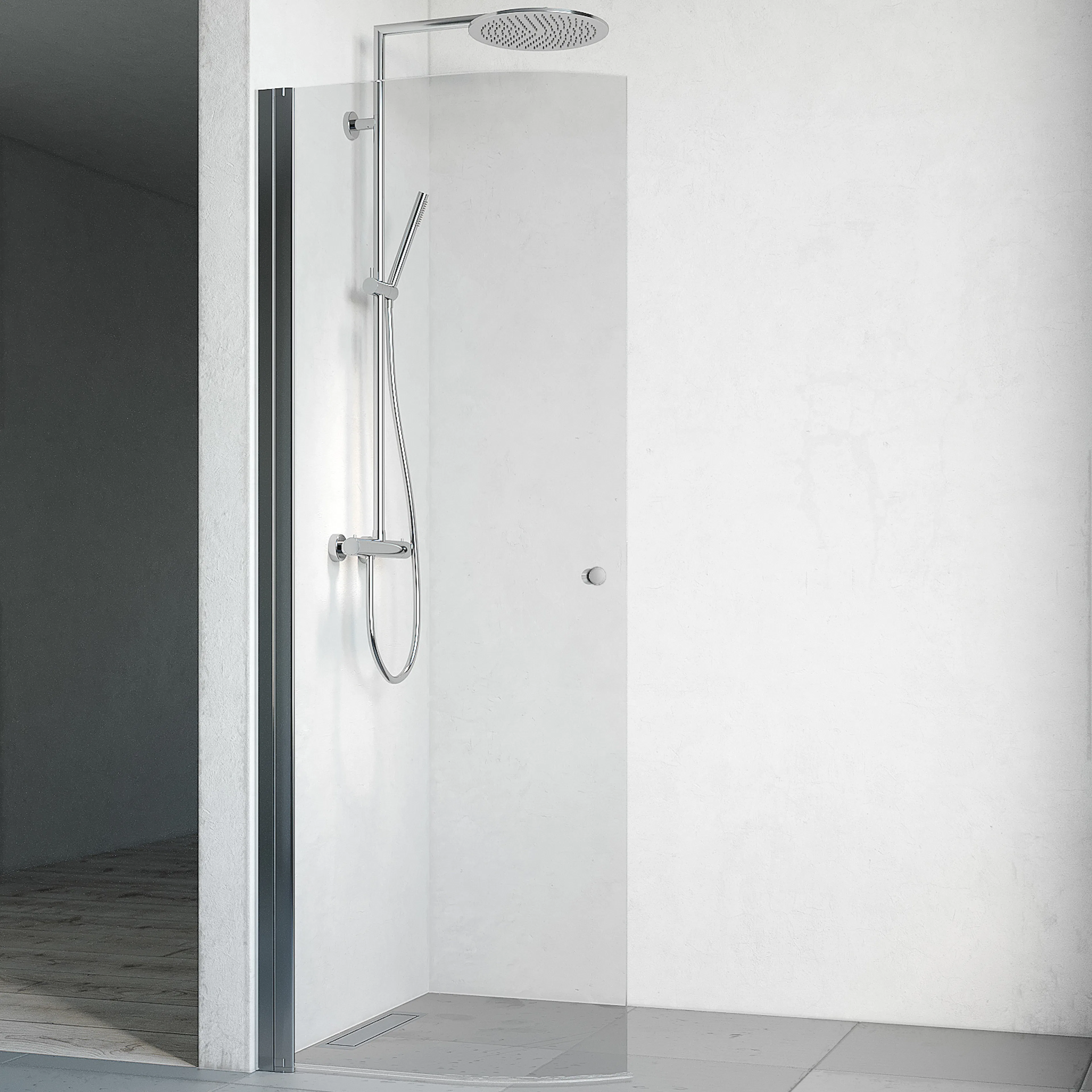 Spirit Rund Skväg 63 Gr Bl KLL 630x1800 mm, Krom, Klarglas med Hålgrepp