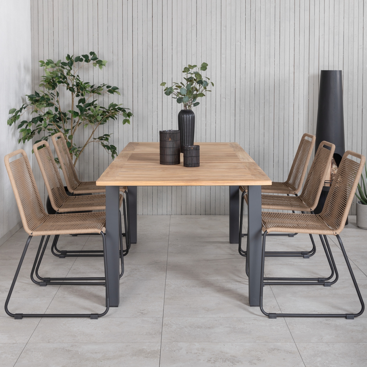 Panama Table 152/210 - Black/Teak+Lindos Stacking Chair - Bl Latte