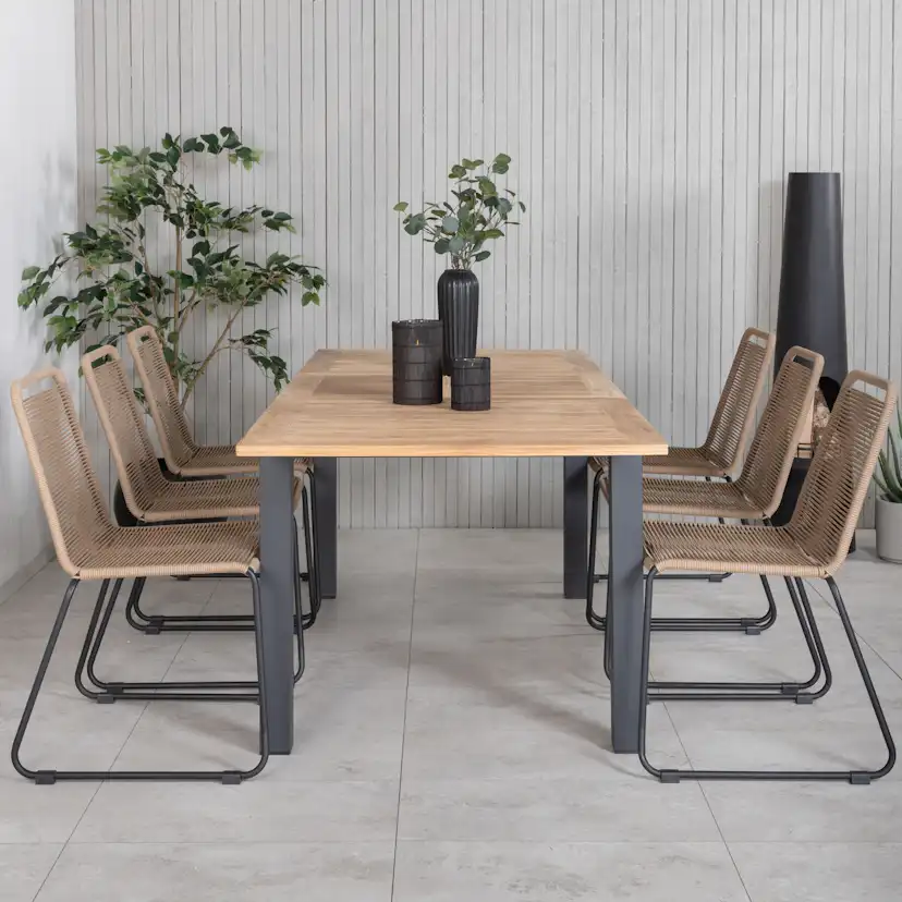 Panama Table 152/210 - Black/Teak+Lindos Stacking Chair - Bl Latte