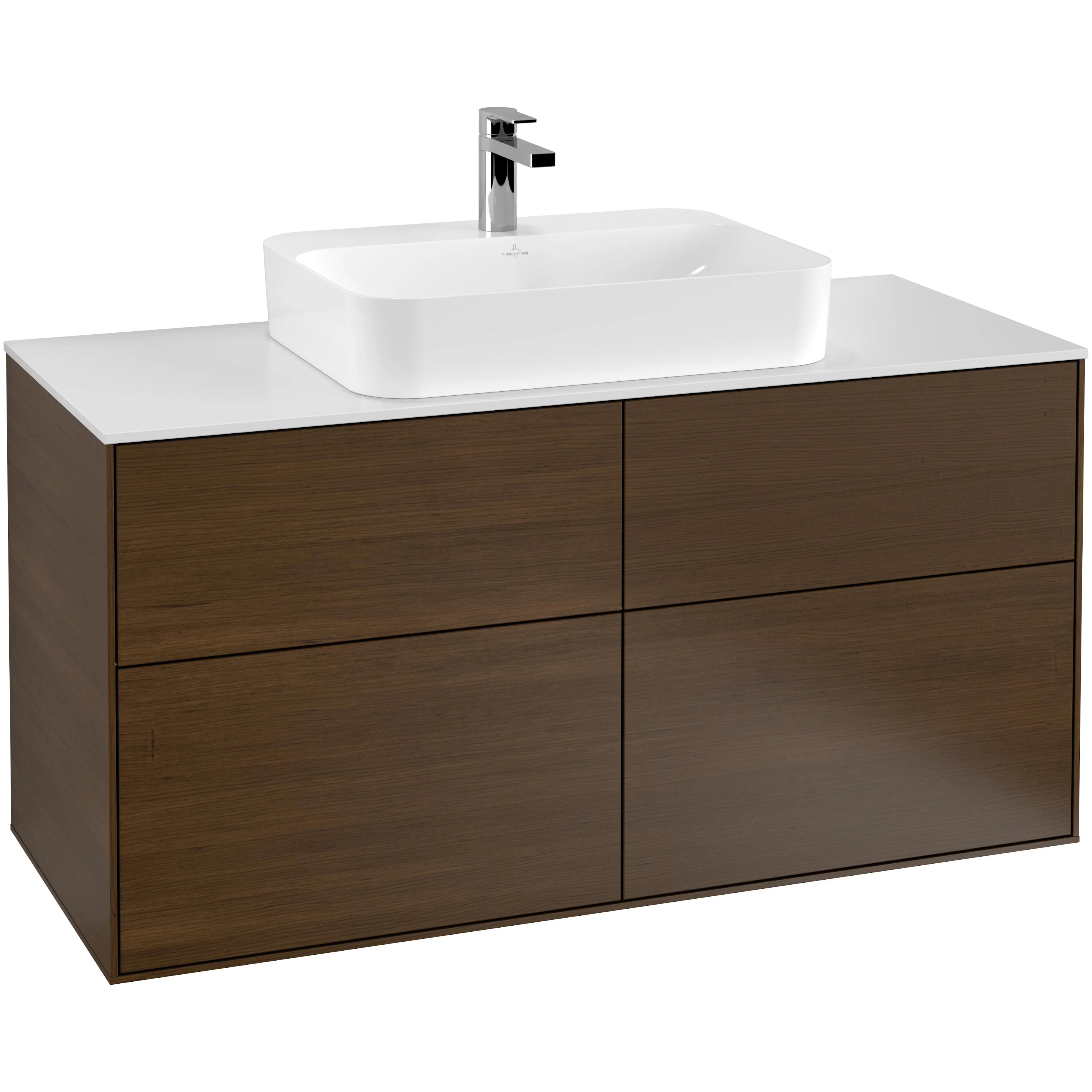 Tvättställsskåp Villeroy & Boch Finion F38100GN Valnötsfanér, B: 1200 mm med bänkskiva i Mattvitt glas
