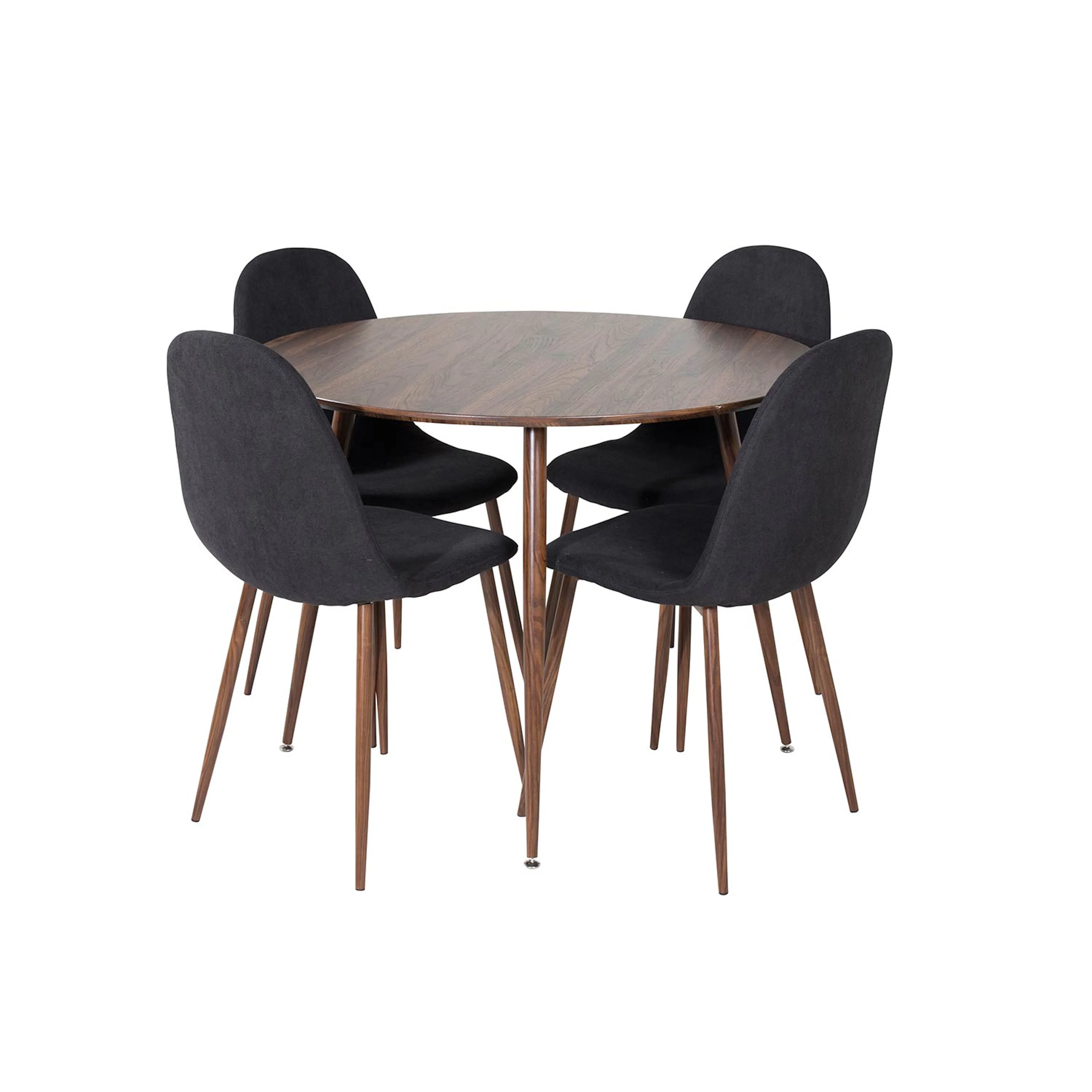 Plaza Round table - Walnut top -Polar Chair Black Fabric_4 Valnöt Bord med Valnöt Ben, Svart Stol med Valnöt Ben