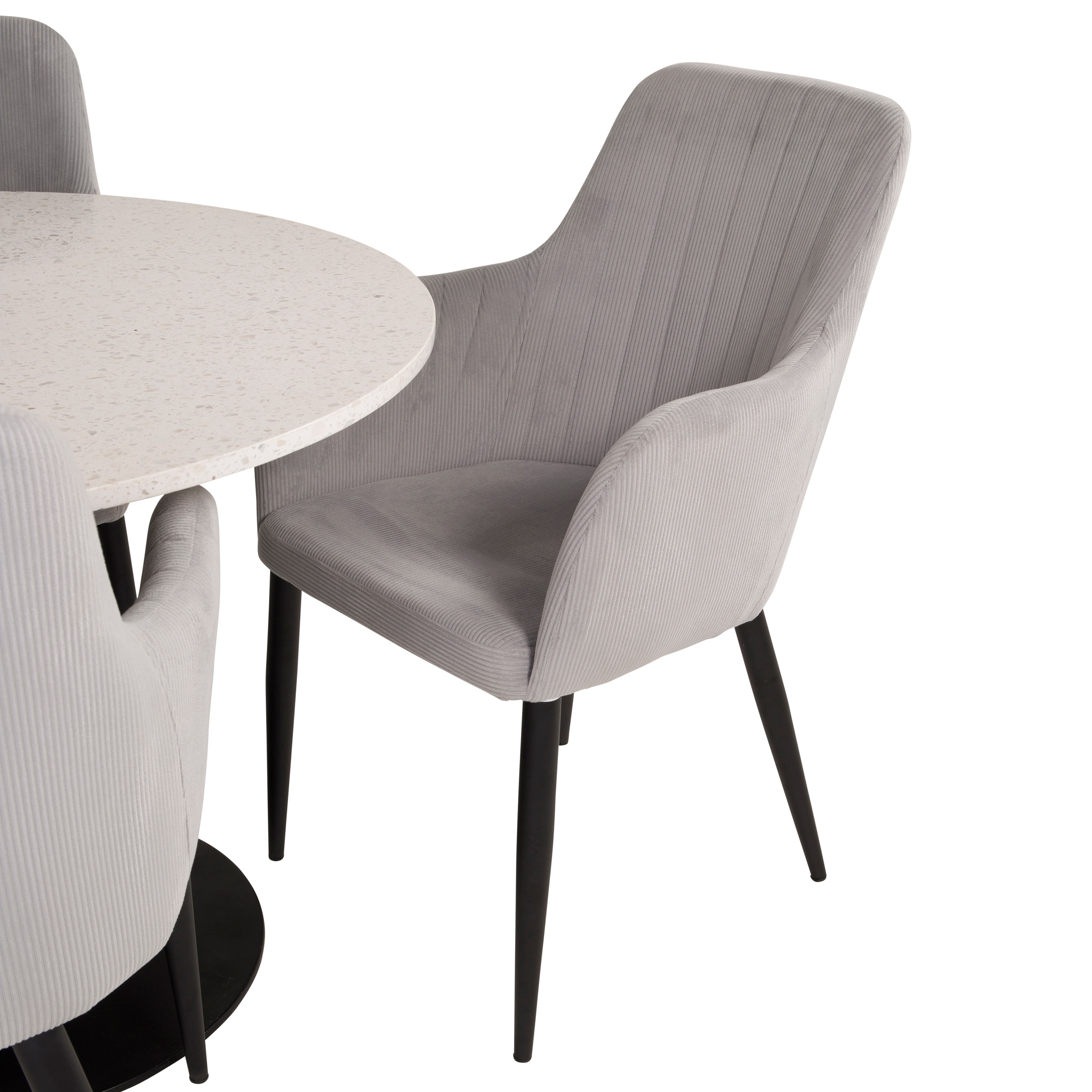 RazziaBord106cm-VitTerazzo/Black+Stol-Black/GråCordutoy4 Vit Bord med Svarta Ben, Ljusgrå Stol med Svarta Ben