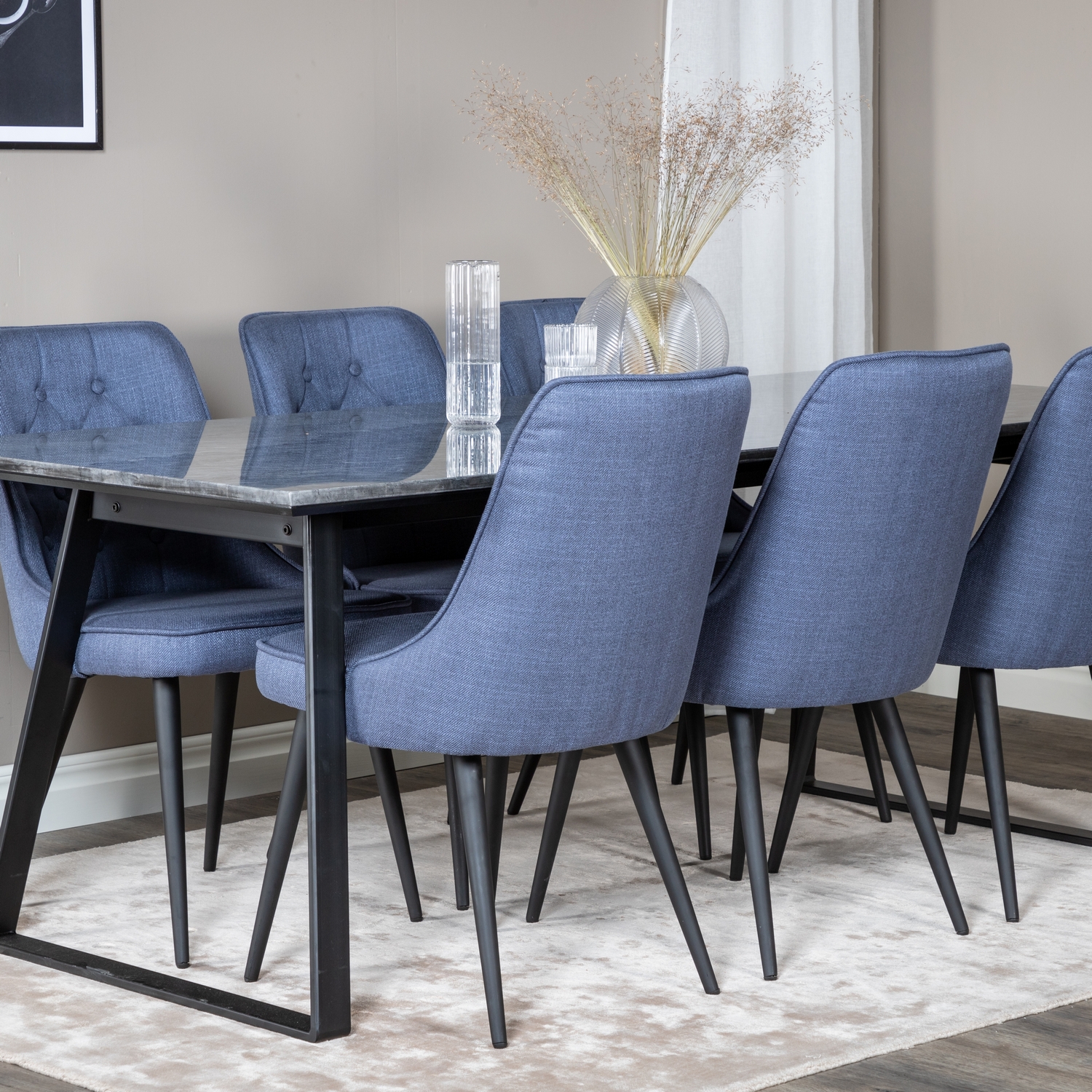 Estelle Dining Table 200x90 cm+Velvet Deluxe Dining Chair Svart/Blå