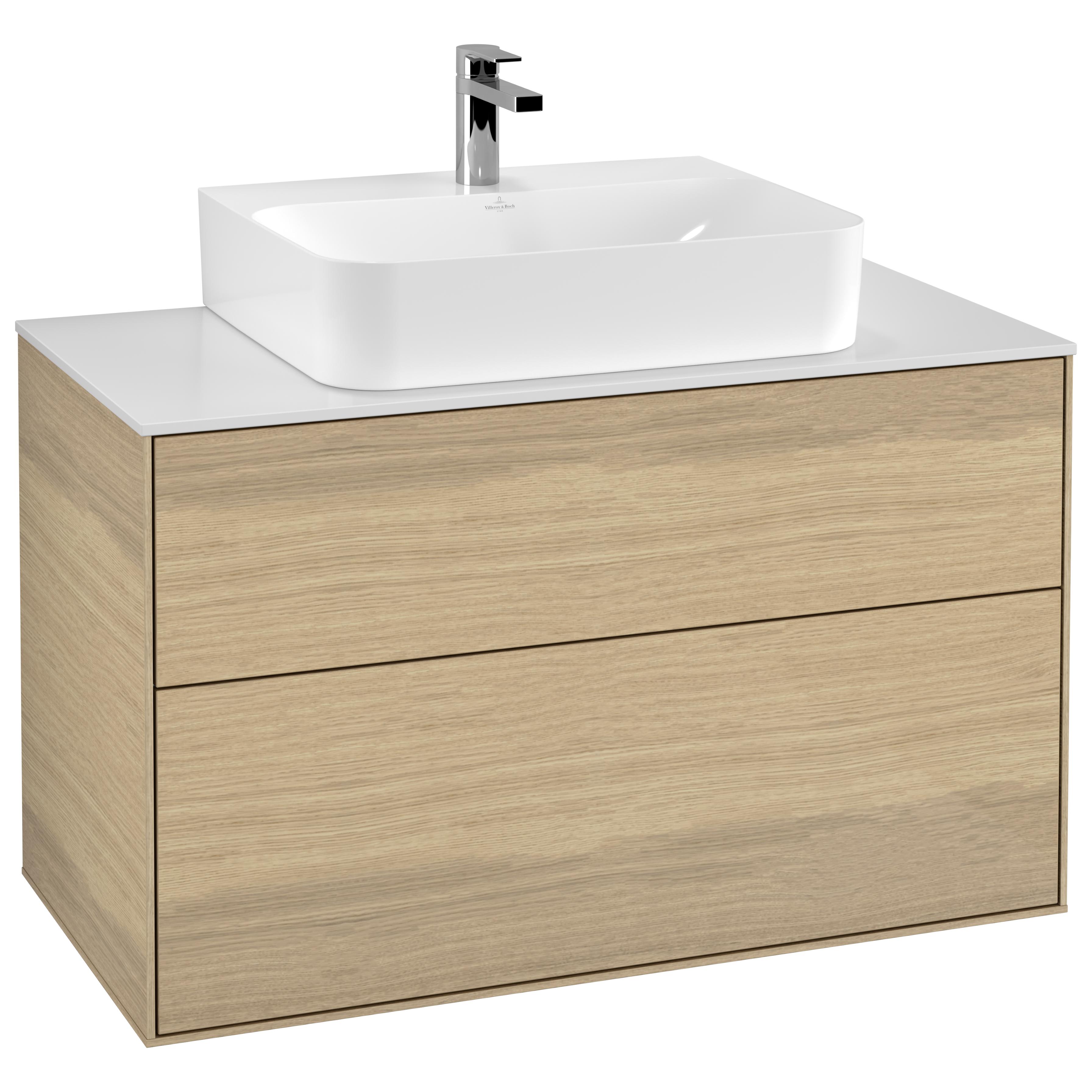 Tvättställsskåp Villeroy & Boch Finion F10100PC Ekfanér, B: 1000 mm med bänkskiva i Mattvitt glas