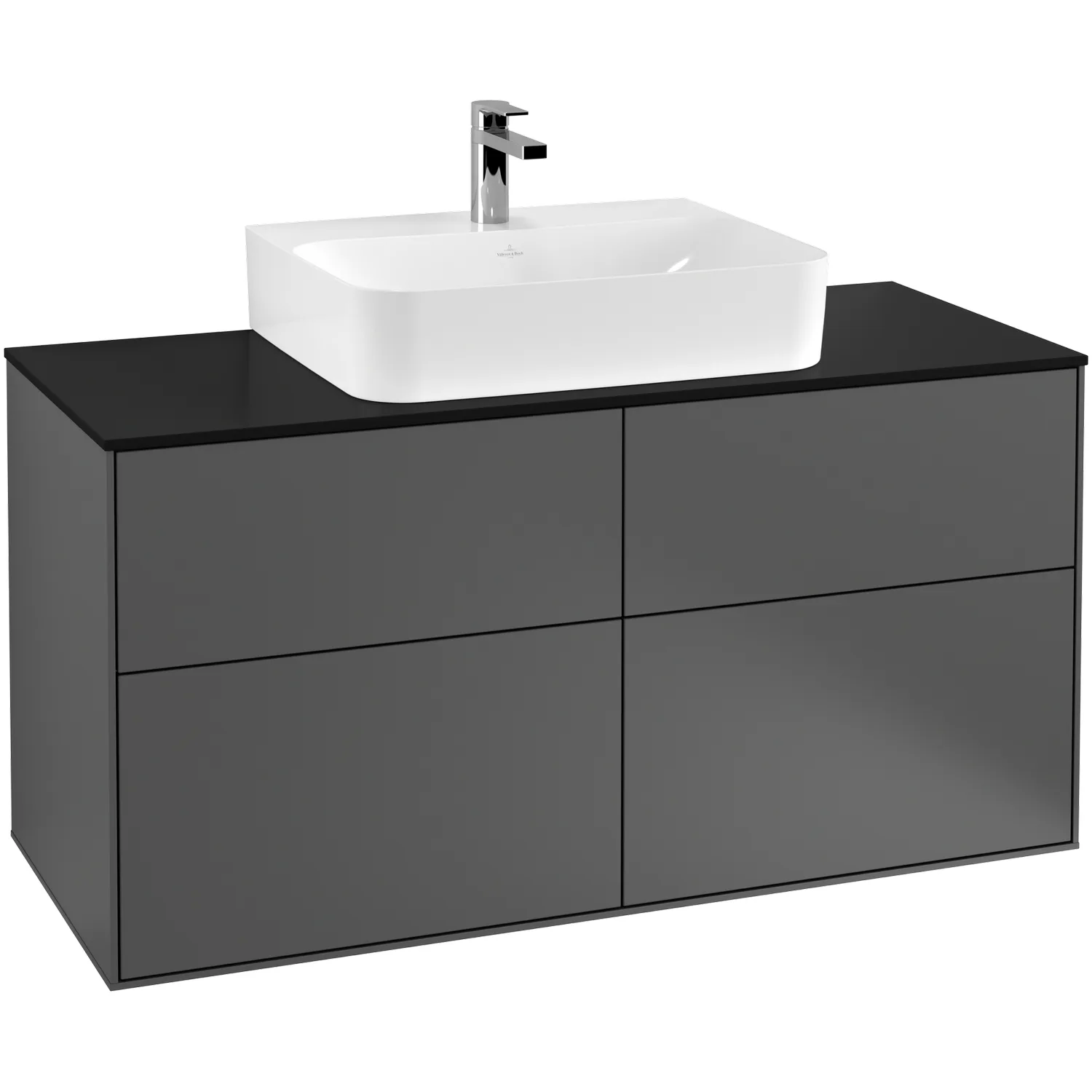 Tvättställsskåp Villeroy & Boch Finion G13200GK Antracitgrå Mattlack, B: 1200 mm med bänkskiva i Mattsvart glas med Väggbelysning