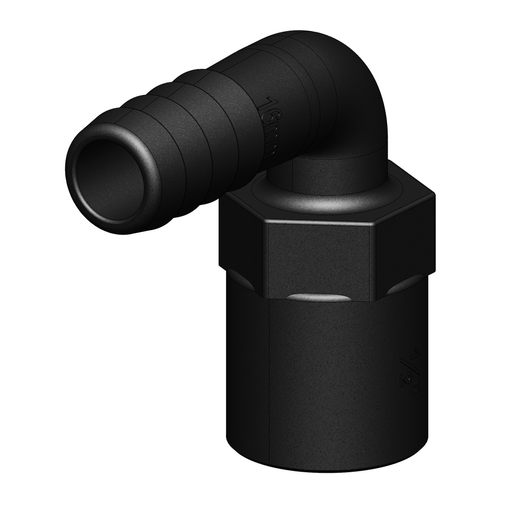 Anslutning Tru-design till Skrovgenomföring 90° med Slangstuss 16 mm