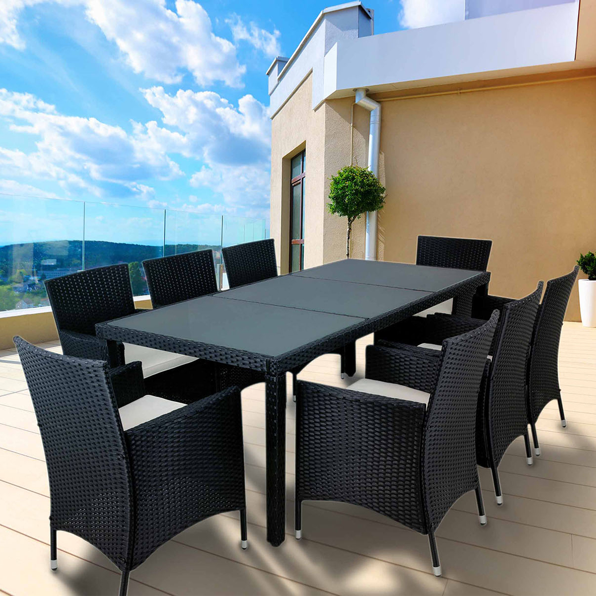 Matgrupp Lyfco Lysekil Svart med 8 stolar och Dynor