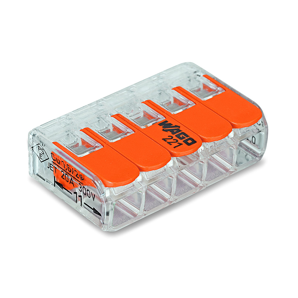 Anslutningsklämma Wago 221 Tjocklek koppartråd (mm2) 0,2-4, Antal anslutningspunkter: 5 st