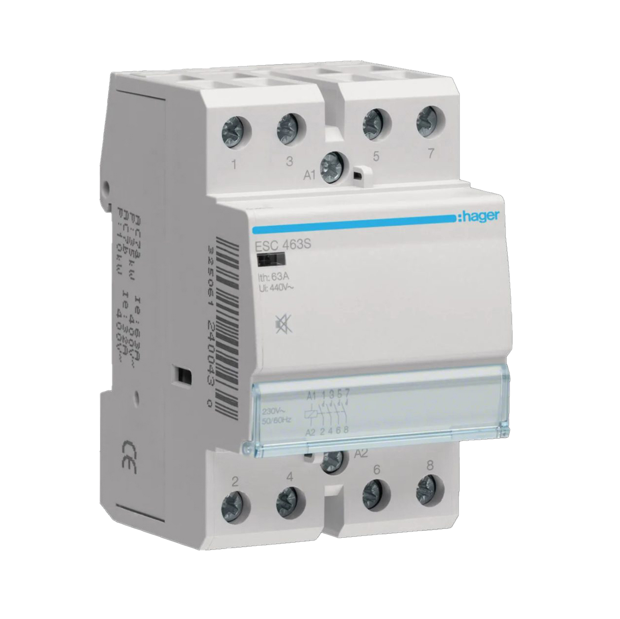 Kontaktor Hager Brumfri med 4 Slutande Kontakter 3 Moduler AC-7a Spole 230 V AC