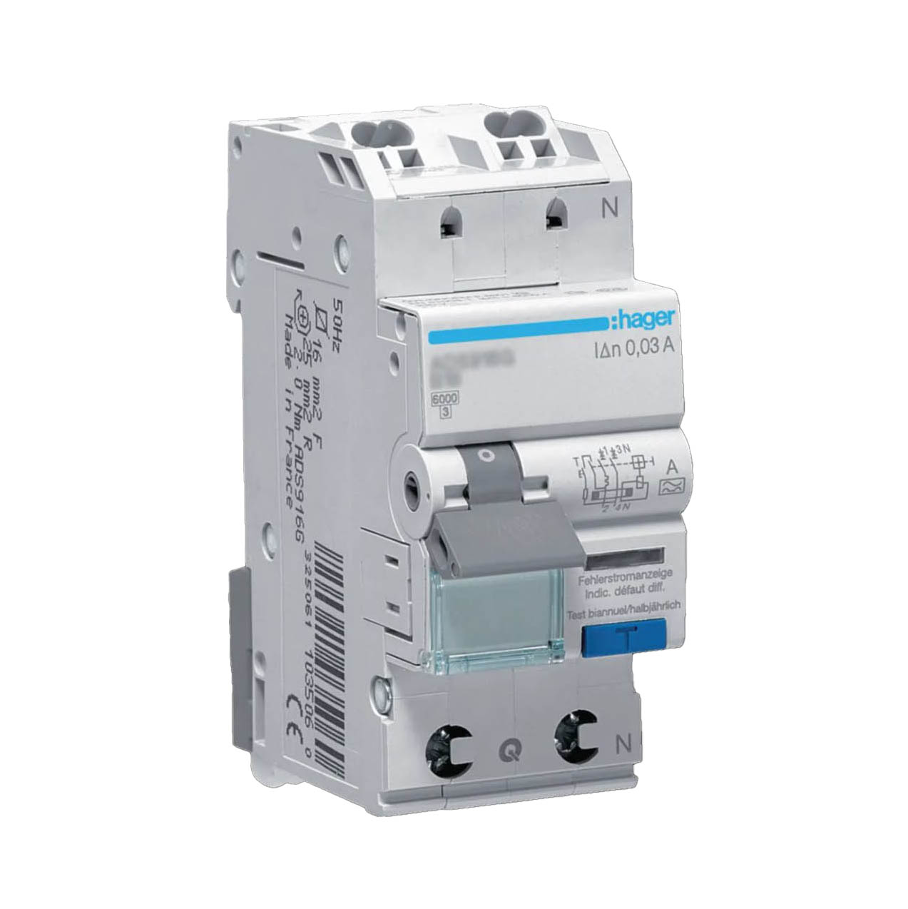Personskyddsbrytare Hager 1-Polig + Nolla 6 kA C-Karakteristik 10 A 30 mA Typ A med QuickConnect